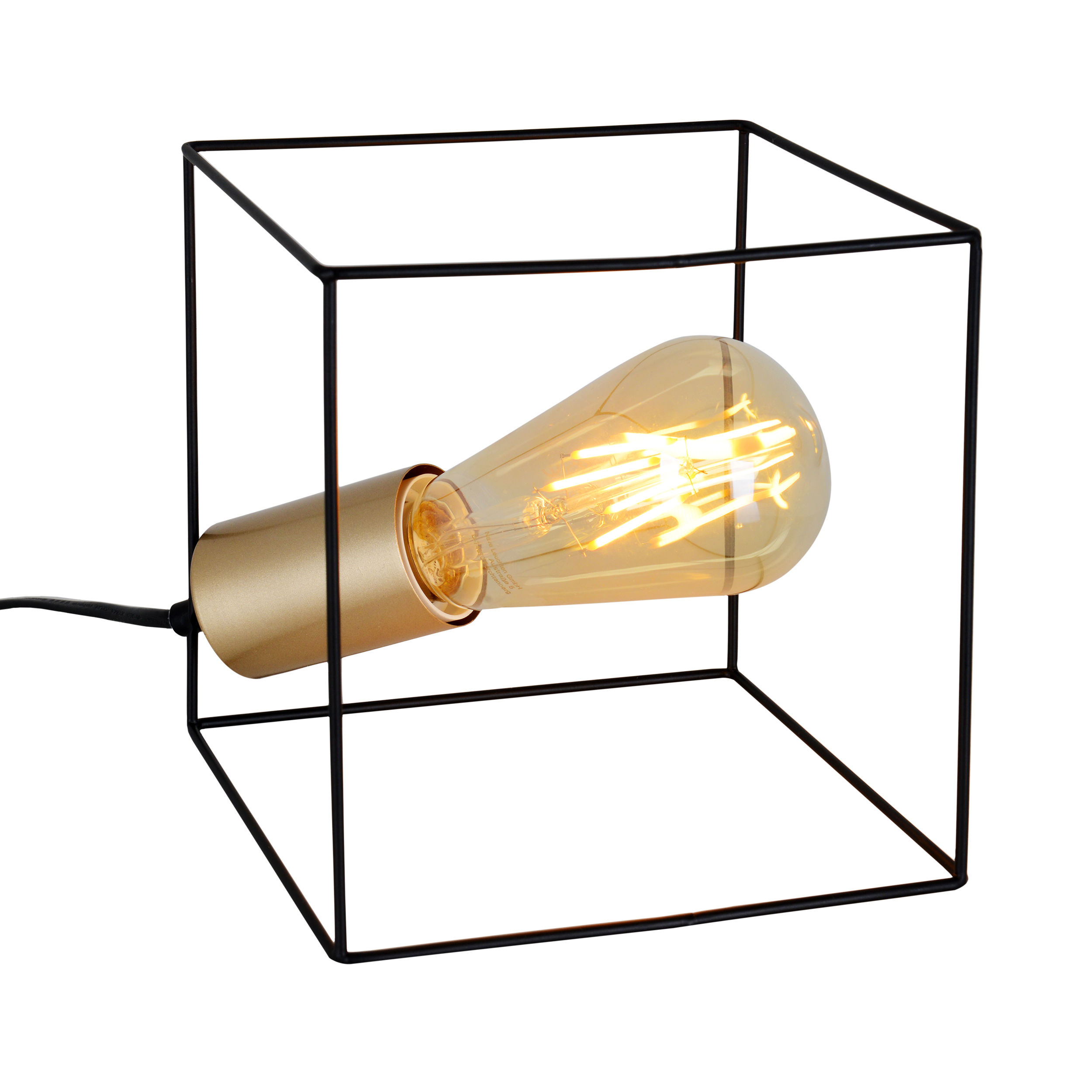Eine Glühbirne in einem schwarzen quadratischen Rahmen mit goldfarbenem Sockel auf weißem Hintergrund.