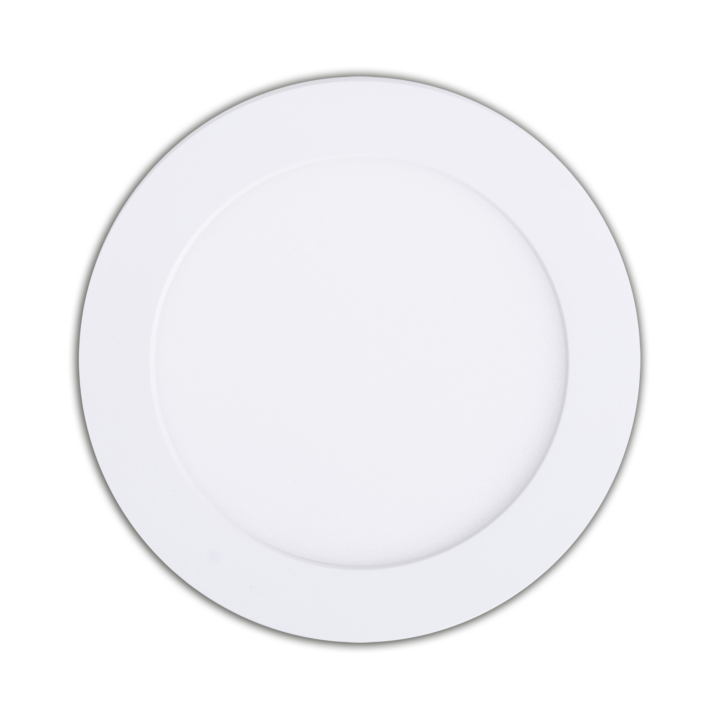 Weißes rundes LED-Panel-Licht auf weißem Hintergrund, leuchtend.