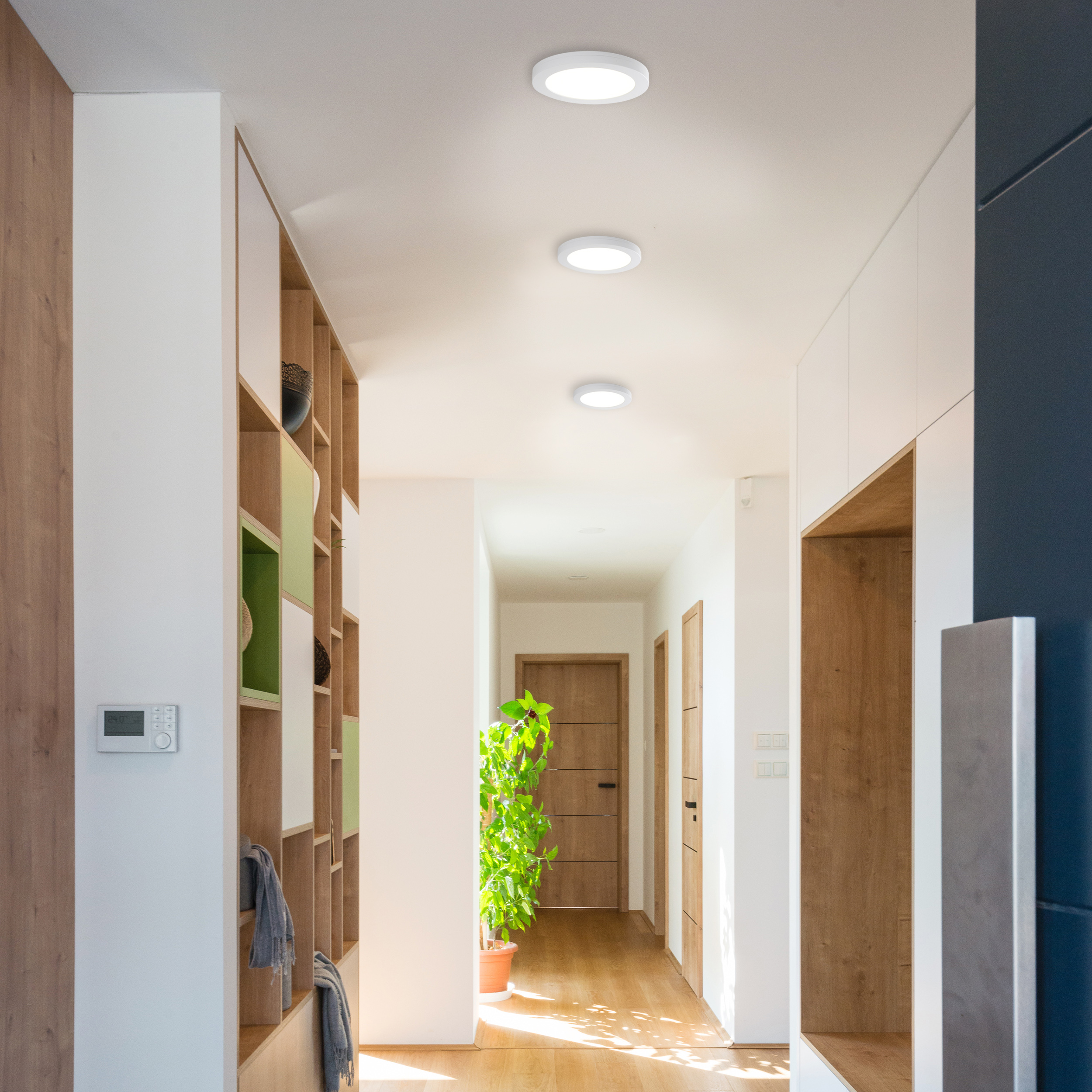 Flur mit Holzakzenten, Einbauregalen, Holztüren und Einbauleuchten in der Decke.