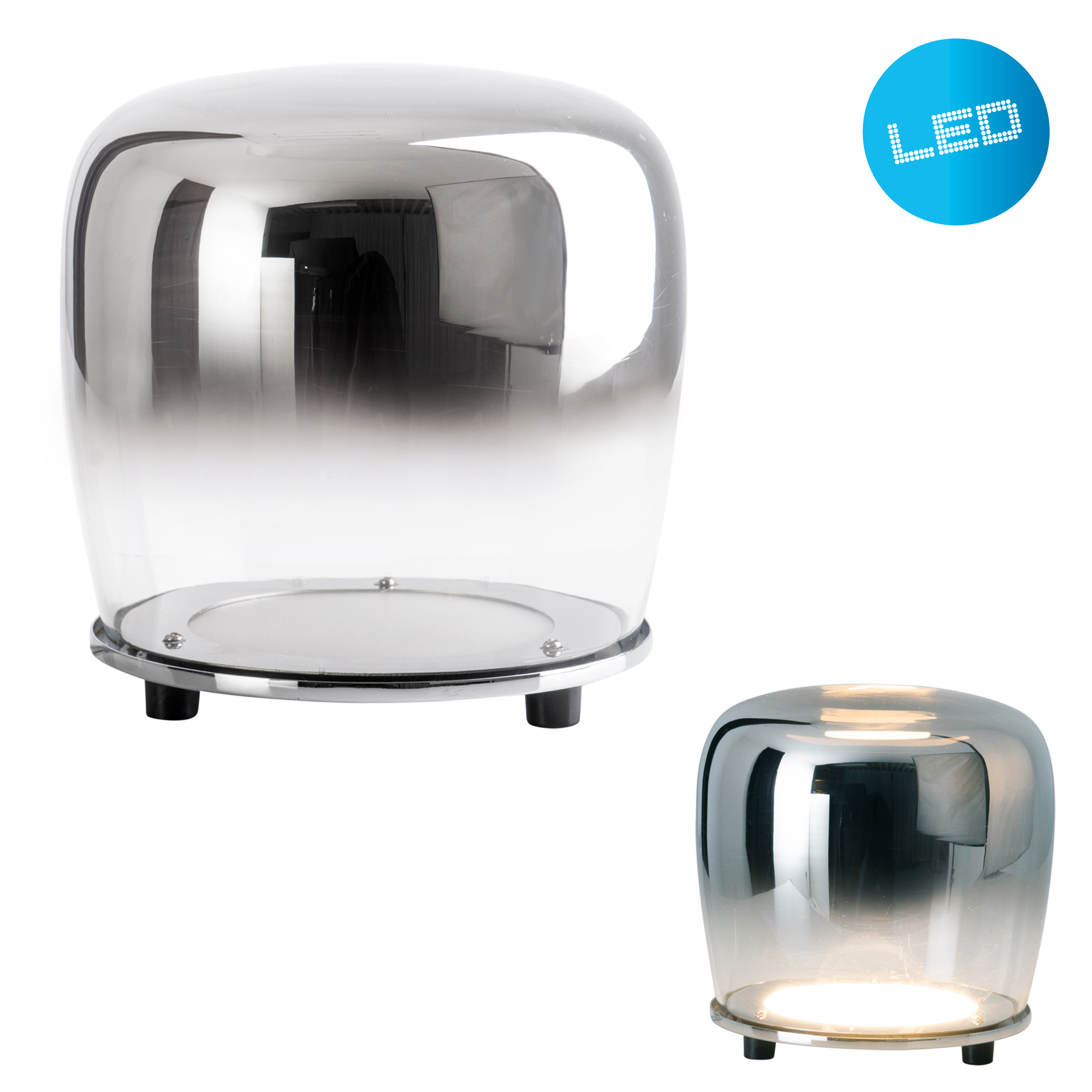 Zwei Lampen. Zylindrische Form mit Glasabdeckung. LED-Zeichen. Schwarze Basis, klares Glas.