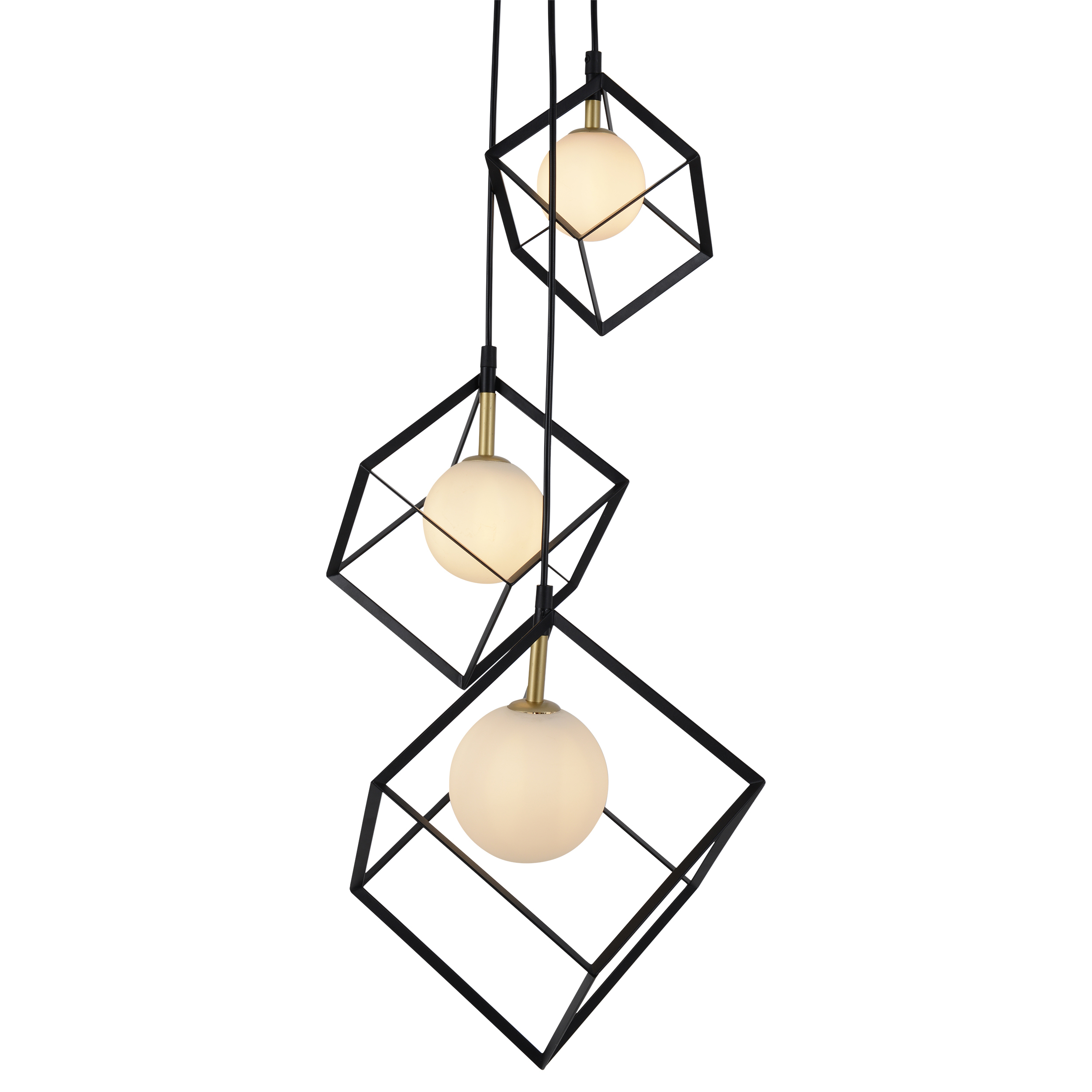 Drei schwarze geometrische Pendelleuchten hängen vor weißem Hintergrund. Jede hat einen Globus.