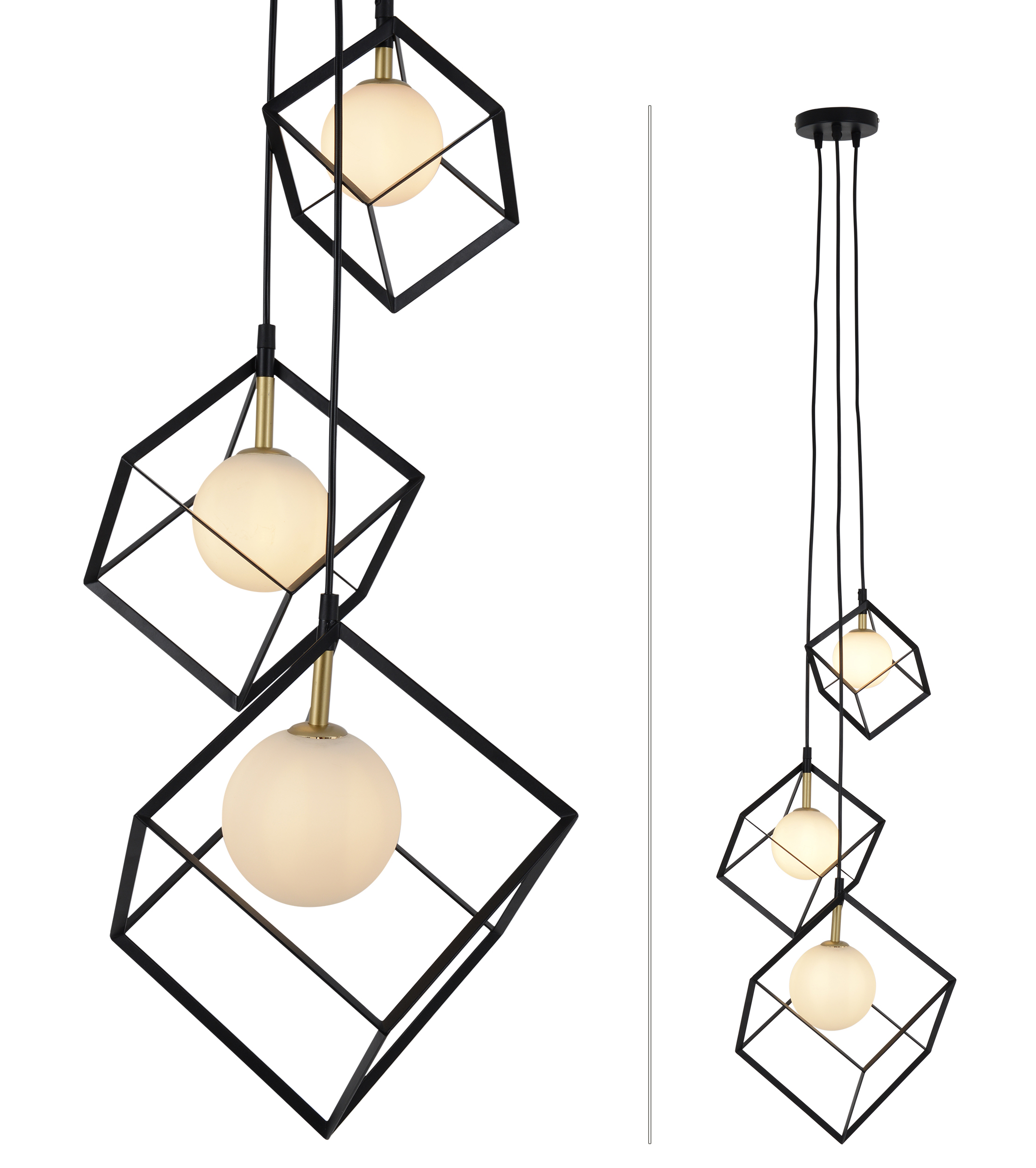 Drei hängende Pendelleuchten mit schwarzen geometrischen Rahmen und weißen Kugeln, weißer Hintergrund.