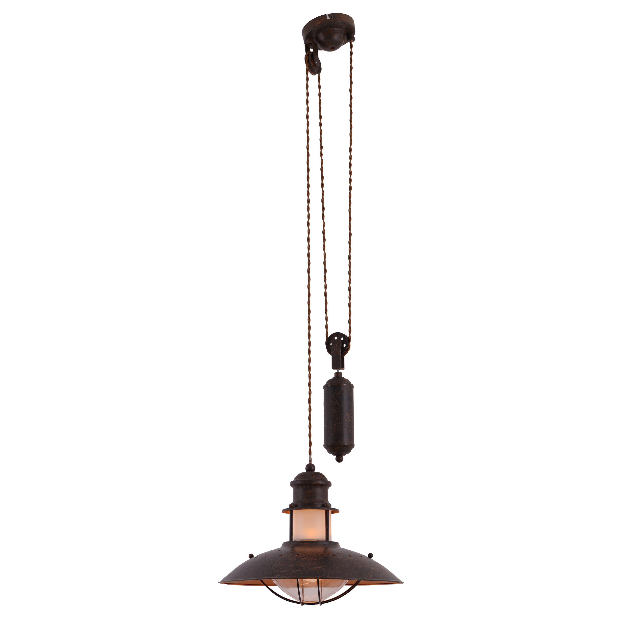 Eine Hängelampe im Vintage-Stil. Sie hat einen Metallschirm, eine klare Glühbirnenabdeckung und ein Flaschenzugsystem.