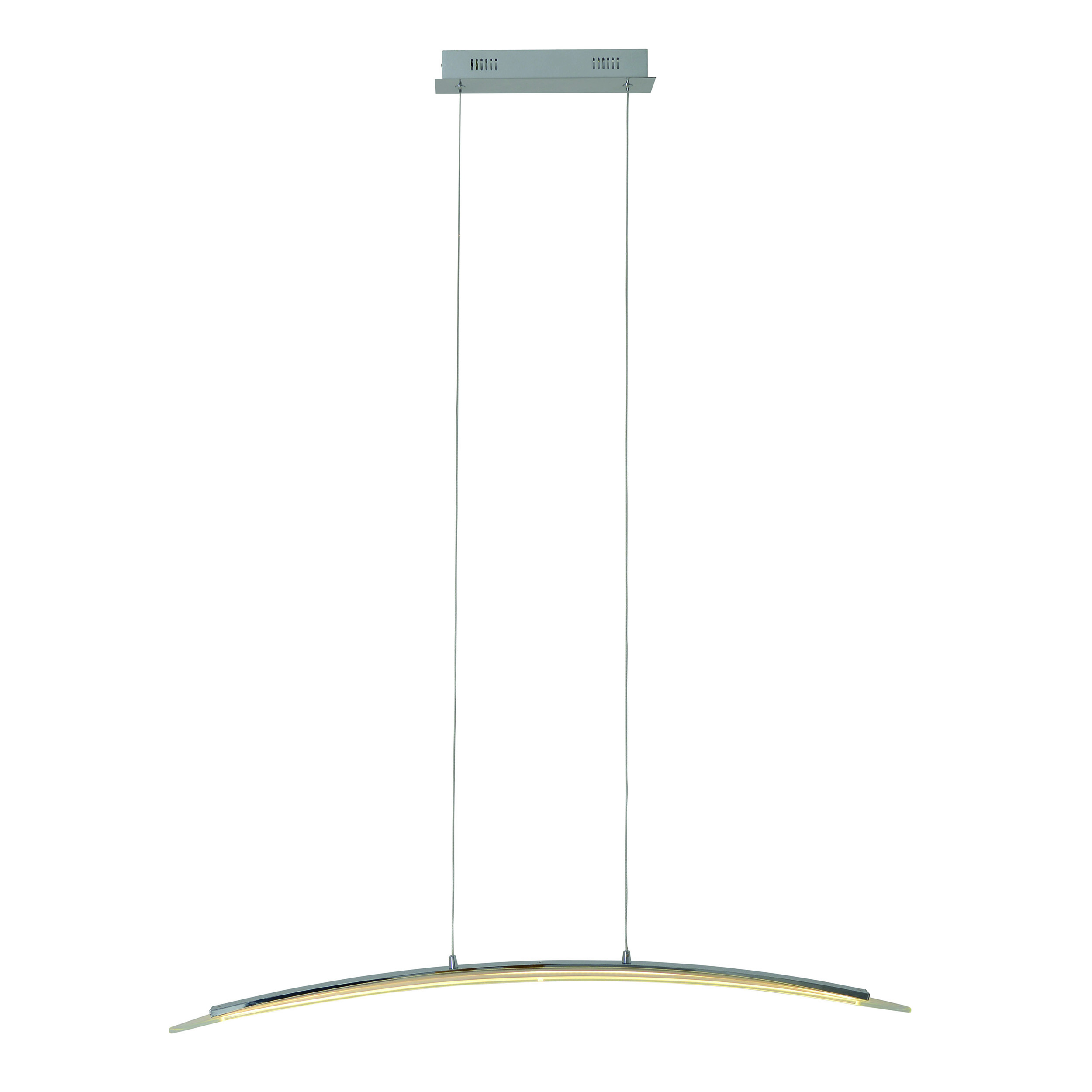 Silberne LED-Pendelleuchte, geschwungenes Design, von der Decke hängend.