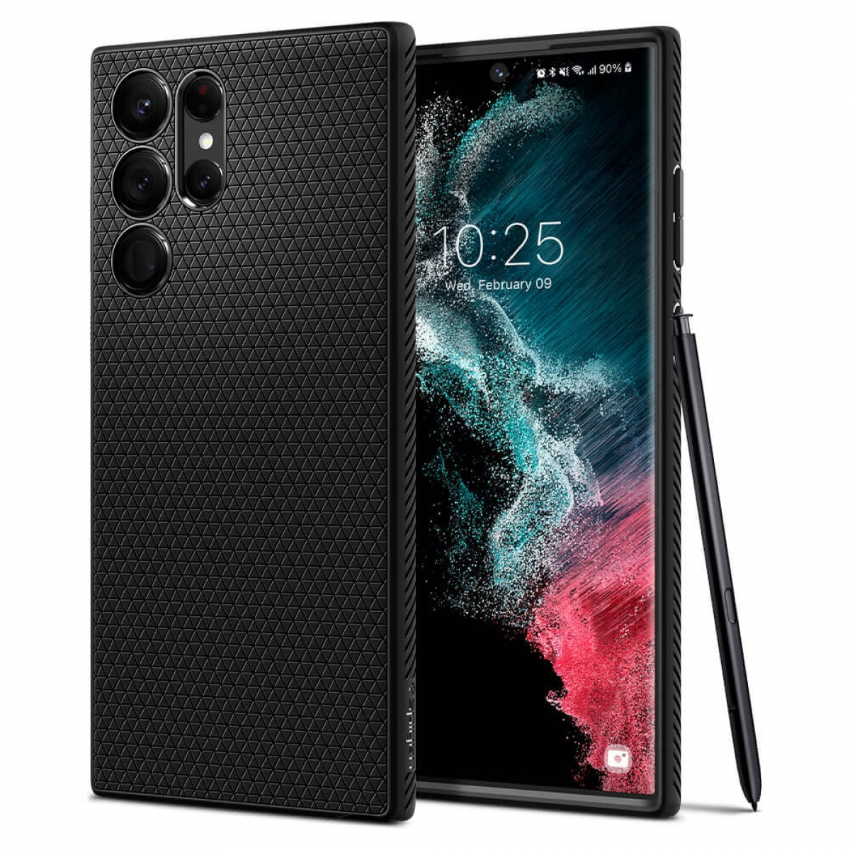 Zwei schwarze Smartphones werden angezeigt. Eines mit Hülle und das andere mit eingeschaltetem Bildschirm, der die Zeit anzeigt.
