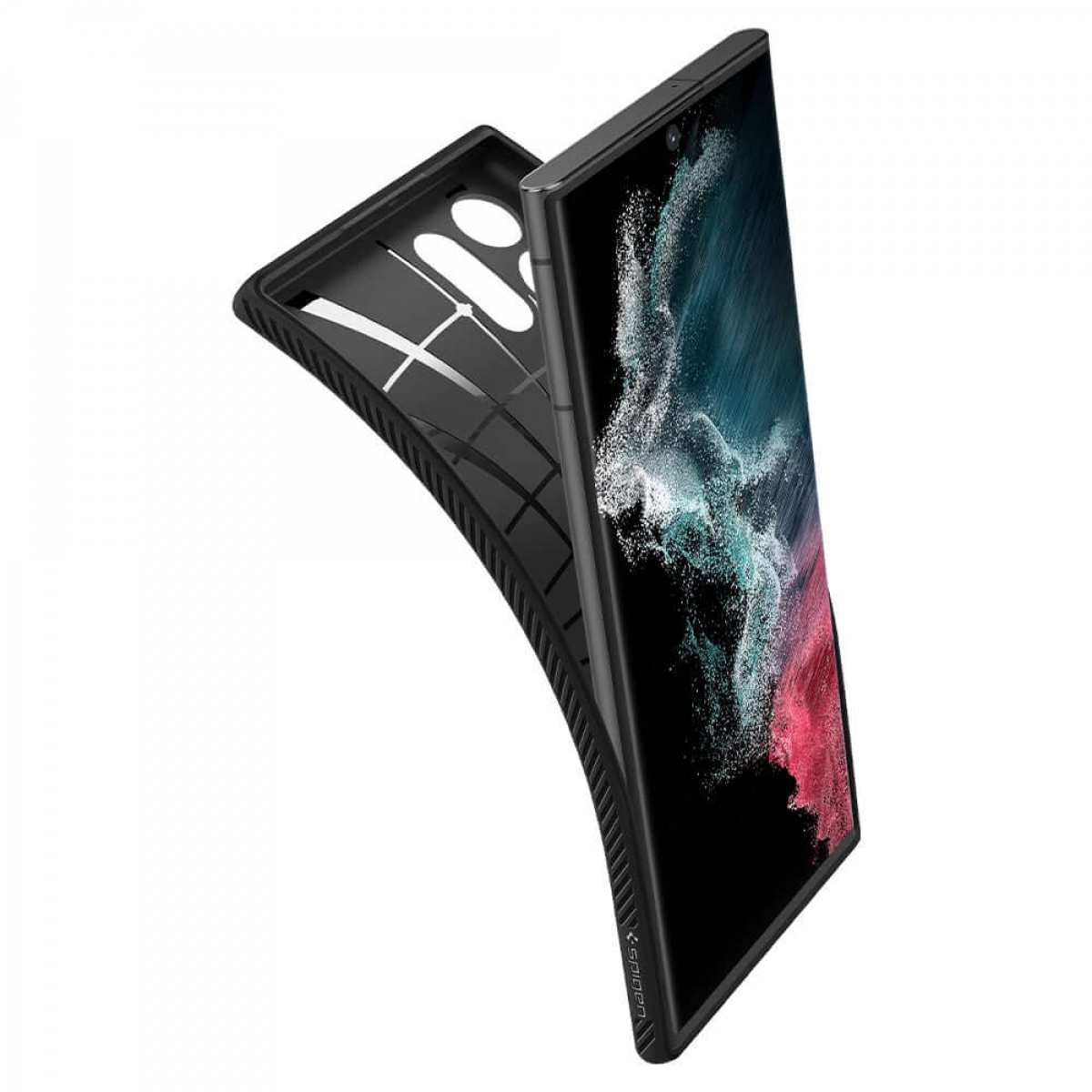 Schwarze Handyhülle mit einem Telefon darin. Das Telefon zeigt ein buntes abstraktes Hintergrundbild.