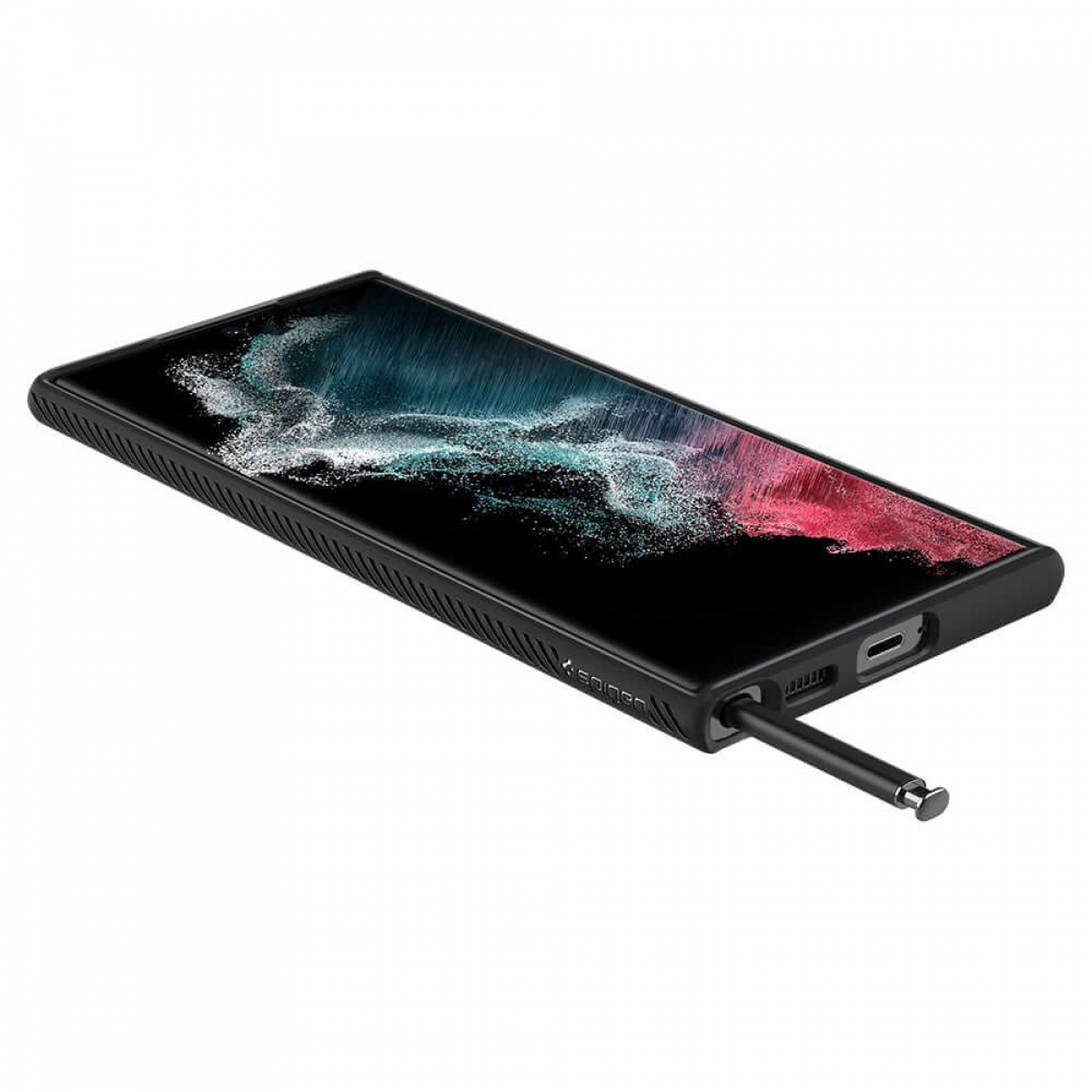 Schwarzes Telefon mit Stift, in schwarzer Hülle, auf weißer Oberfläche.