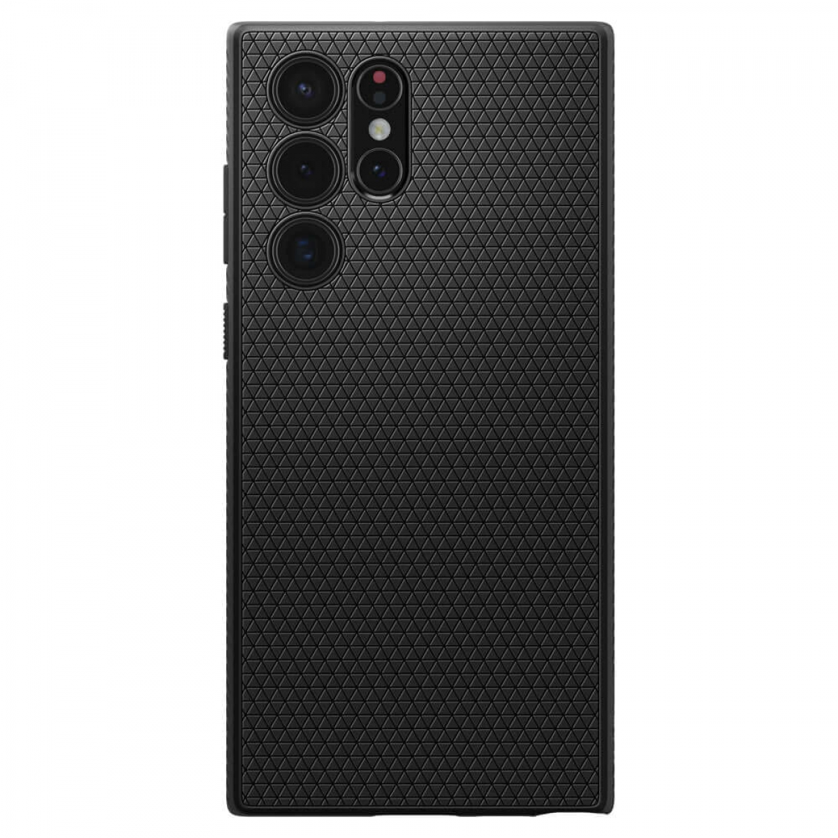 Schwarzes Telefon mit drei Kameralinsen auf der Rückseite. Die Handyhülle hat eine strukturierte Oberfläche.