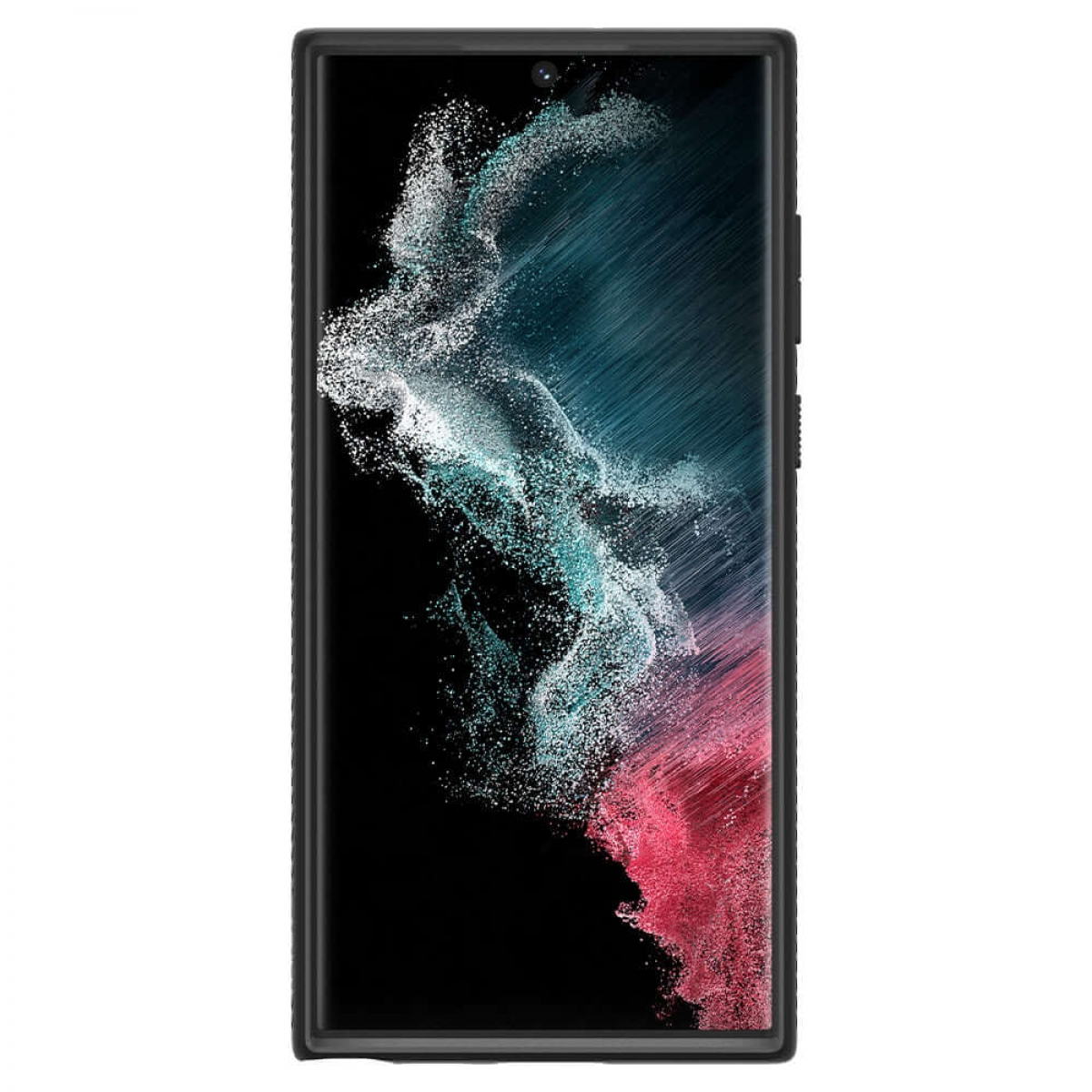 Ein schwarzes Telefon in einer Hülle mit einem teilweise angezeigten farbenfrohen Bild auf dem Bildschirm.