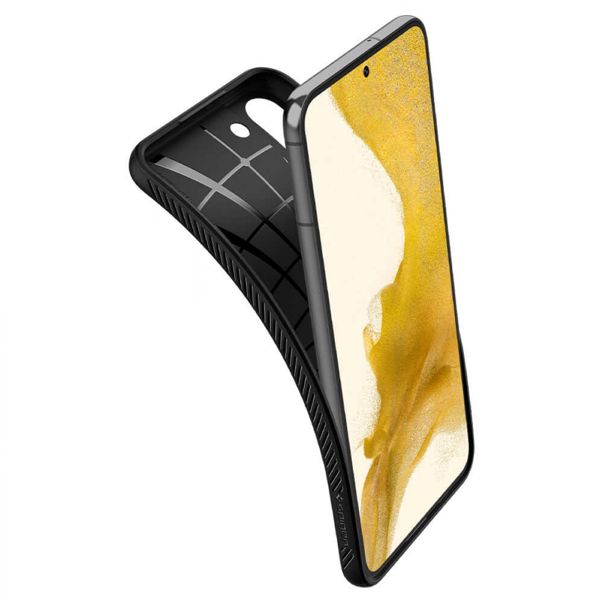 Una custodia nera per telefono con interno nero e un telefono sono mostrati in diagonale su sfondo bianco.