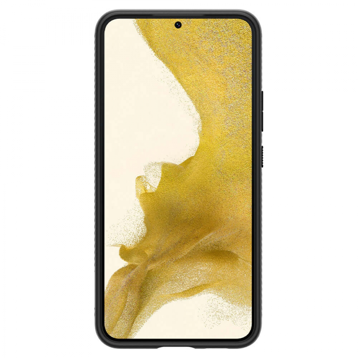 Smartphone nero in una custodia. Design astratto giallo e oro sullo schermo.