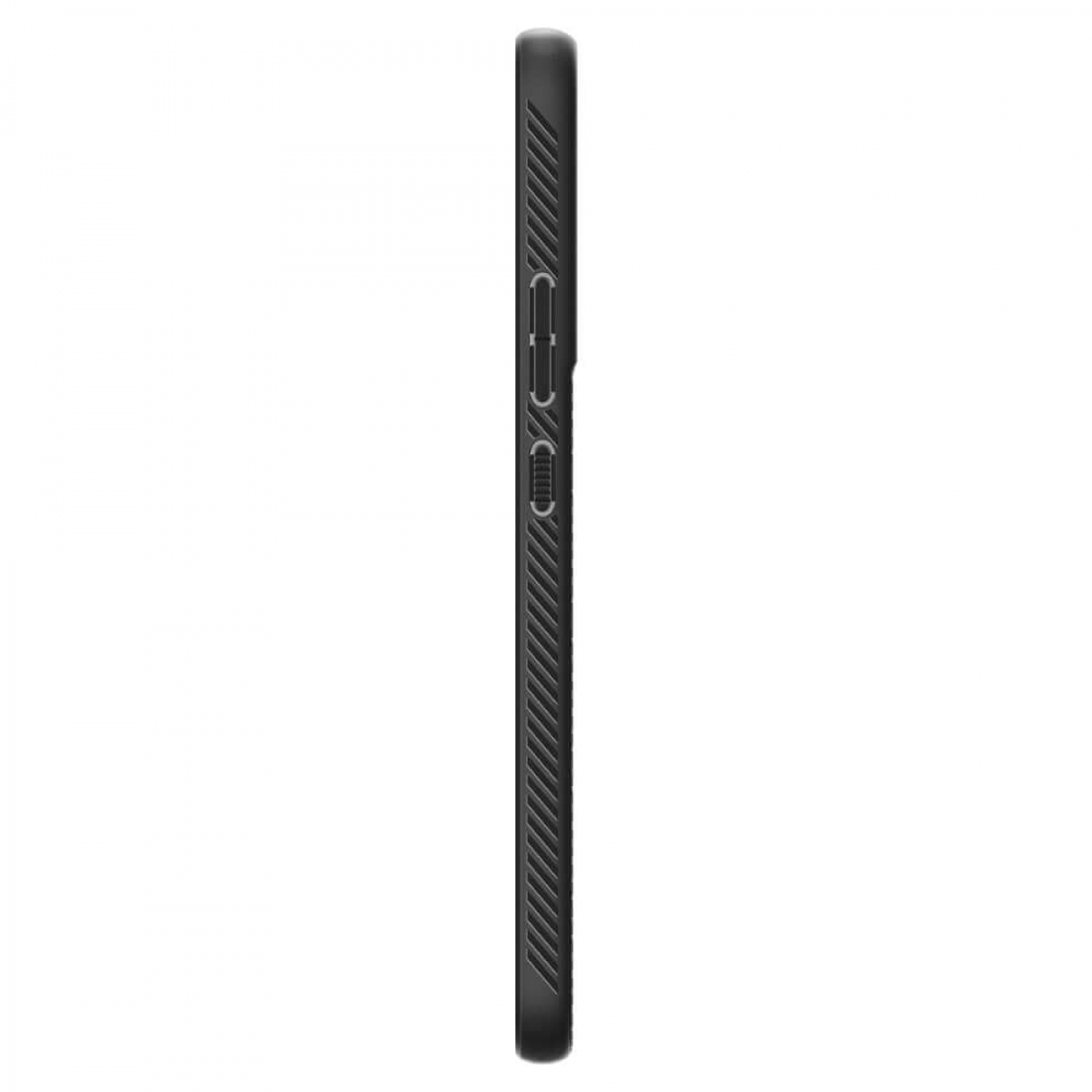 Custodia per telefono nera con pulsanti laterali. La custodia ha un design strutturato e scanalato.