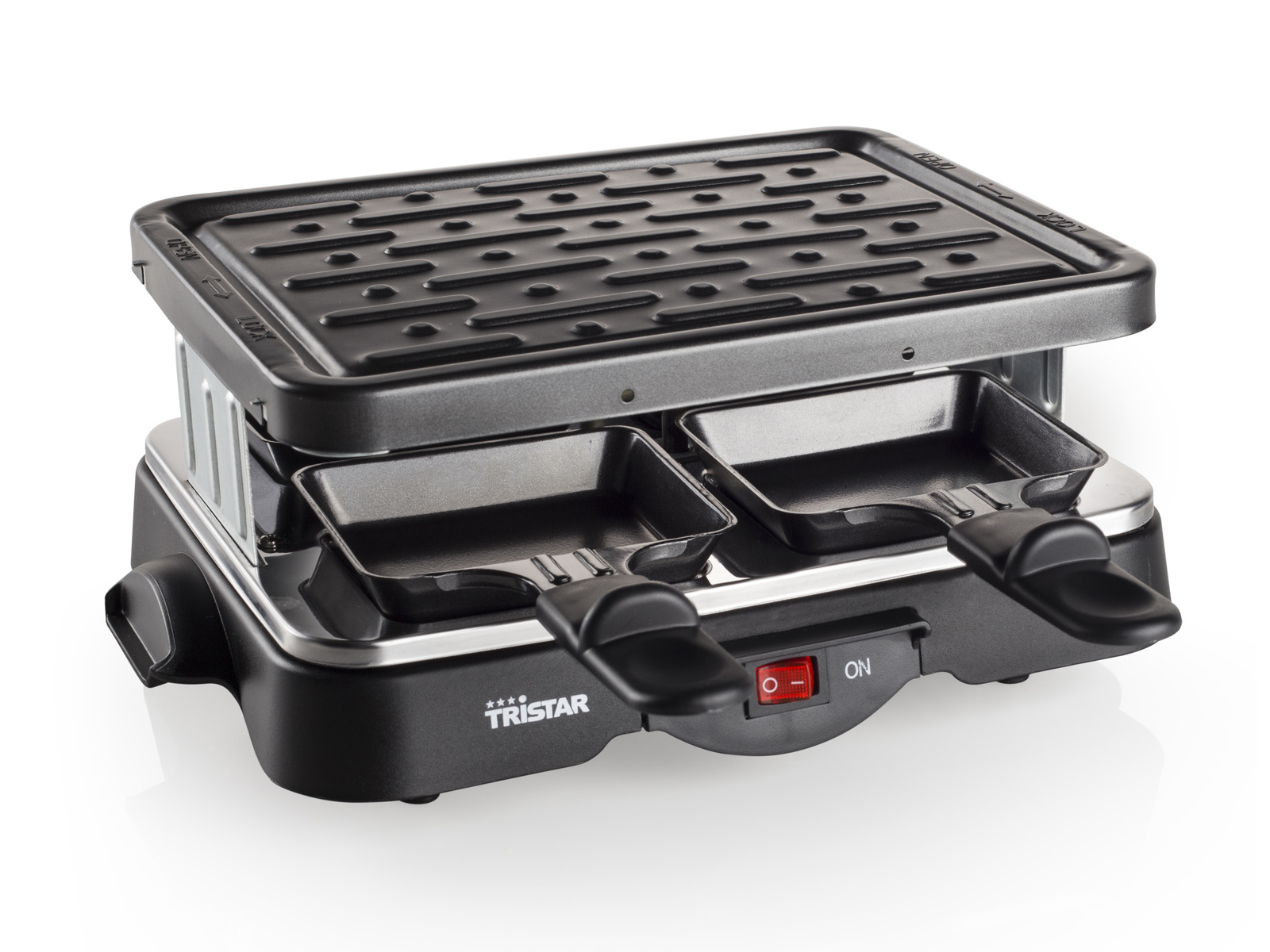 Czarny grill do raclette Tristar z dwoma patelniami, płytą grillową i czerwonym przełącznikiem zasilania.