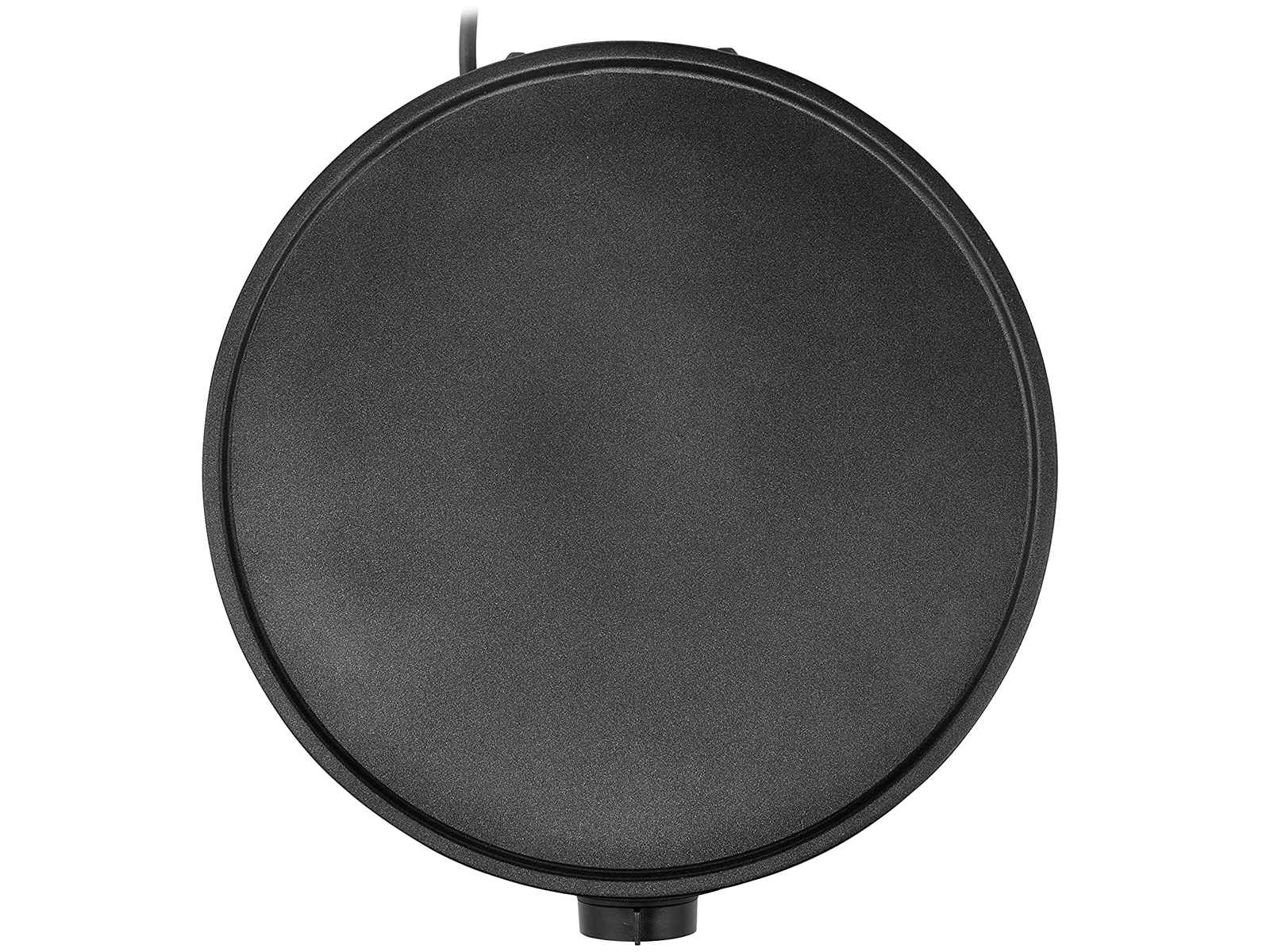 Okrągła czarna patelnia do naleśników z nieprzywierającą powierzchnią i przewodem zasilającym.