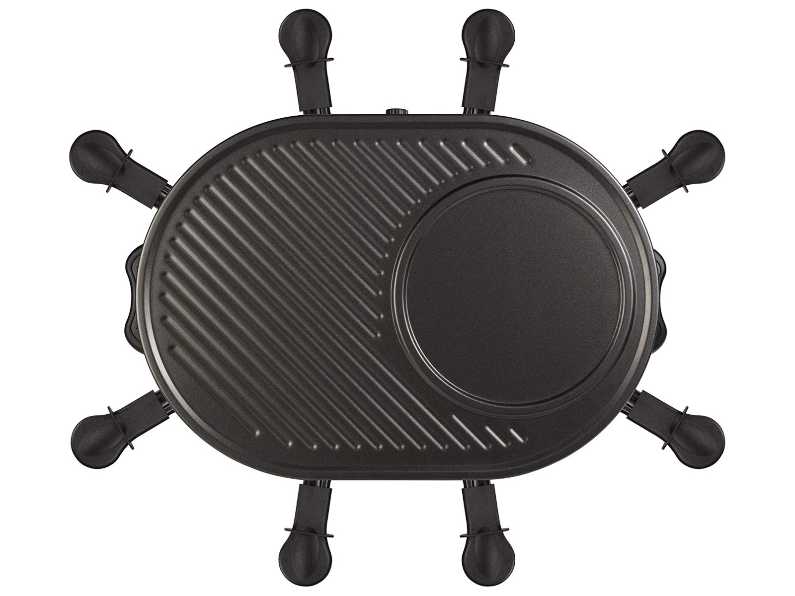 Eine Draufsicht auf einen schwarzen Raclette-Grill mit Grillspuren. Es hat eine kreisförmige und ovale Kochfläche.