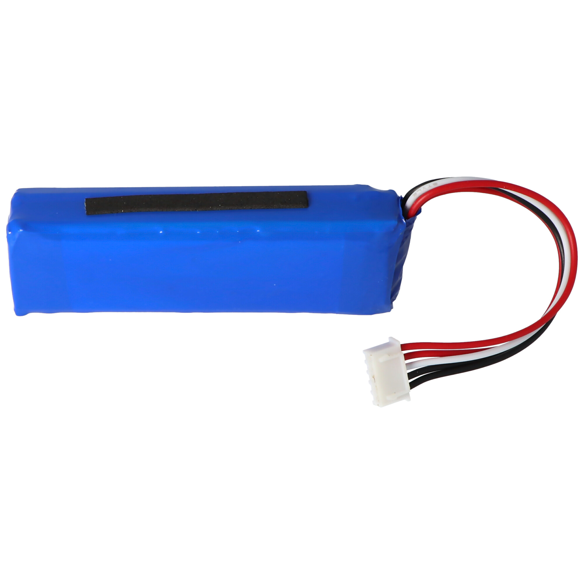 Blaues rechteckiges Batteriepack mit Drähten und weißem Stecker. Weißer Hintergrund.