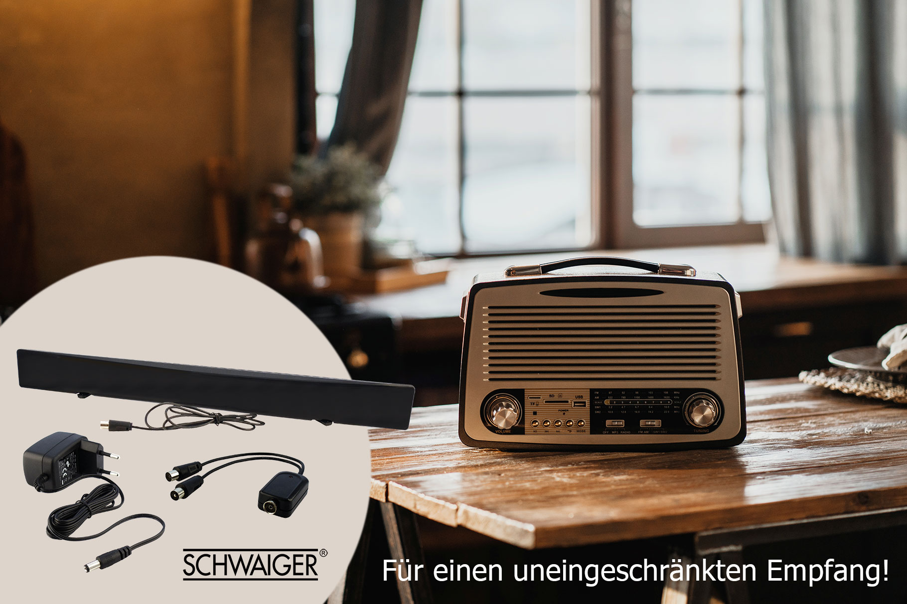 Schwarze Soundbar, Radio und Zubehör auf einem Holztisch, drinnen.