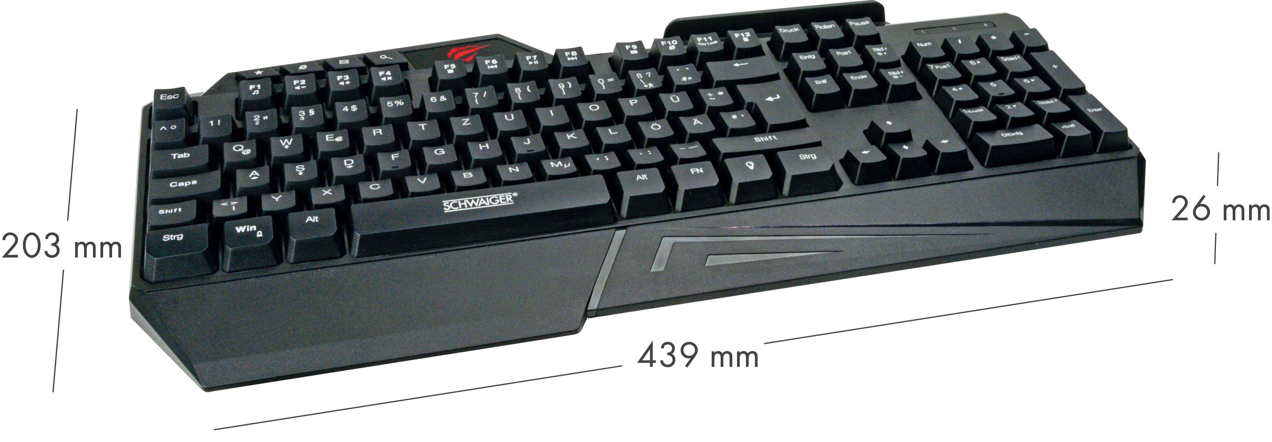 Eine schwarze Tastatur mit Abmessungen, einschließlich eines Markennamens und Funktionstasten.