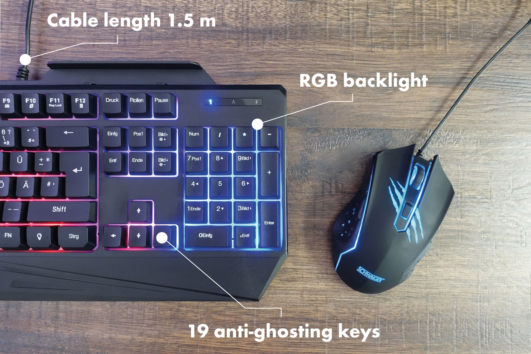 Tastatur und Maus. Text: RGB-Hintergrundbeleuchtung, 19 Anti-Ghosting-Tasten, Kabellänge 1,5 m.