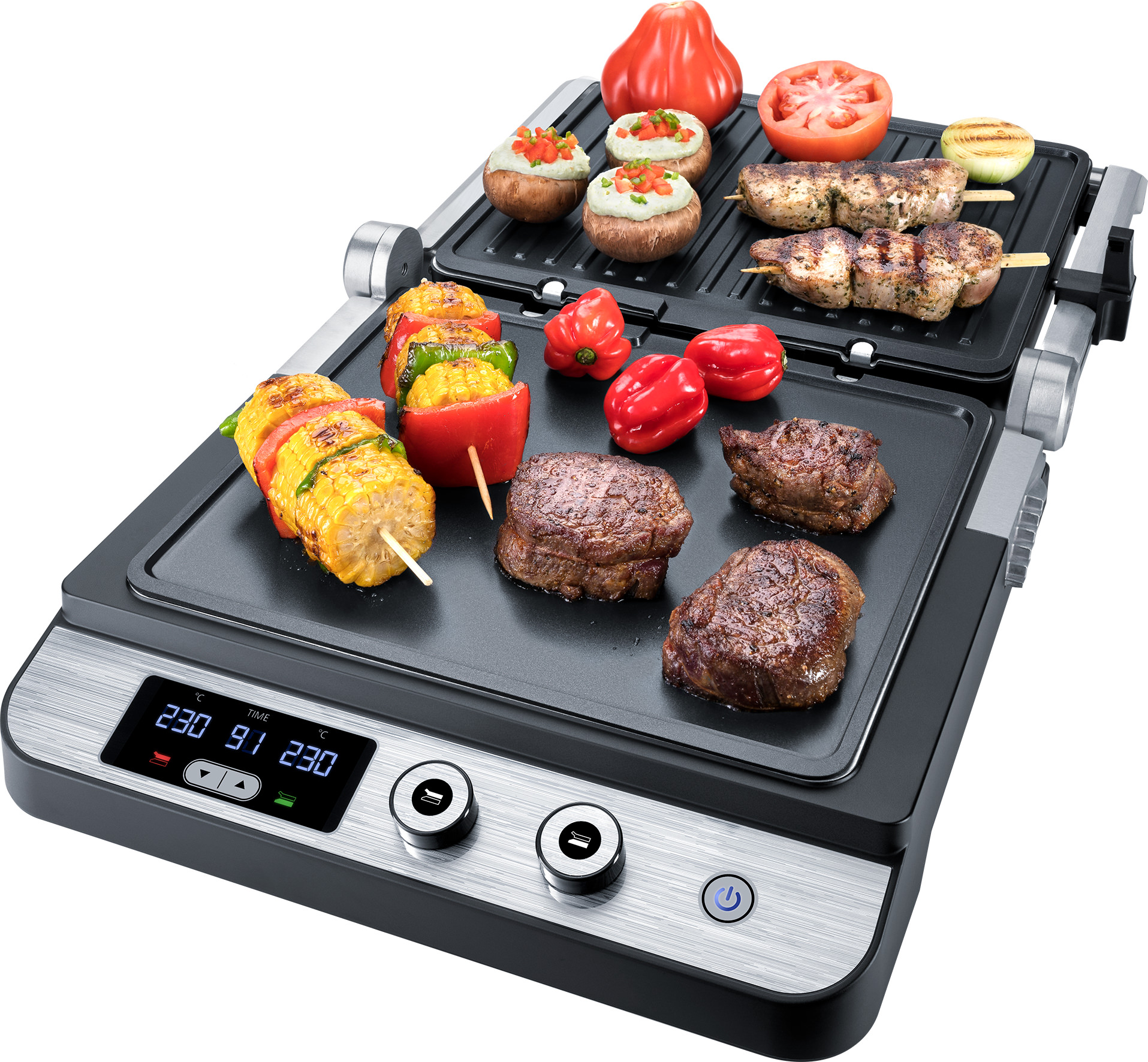Griglia elettrica con cibo cotto, tra cui verdure e carne.