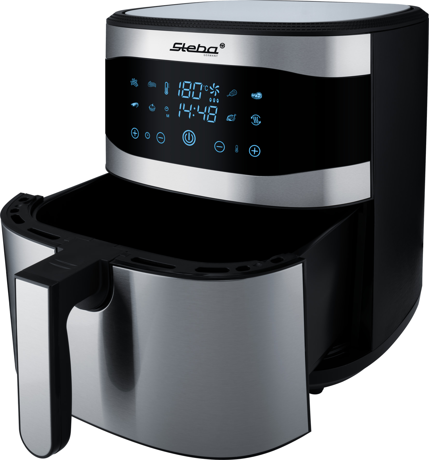 Een zwarte en zilveren airfryer. Het heeft een digitaal display en een handvat. De achtergrond is wit.