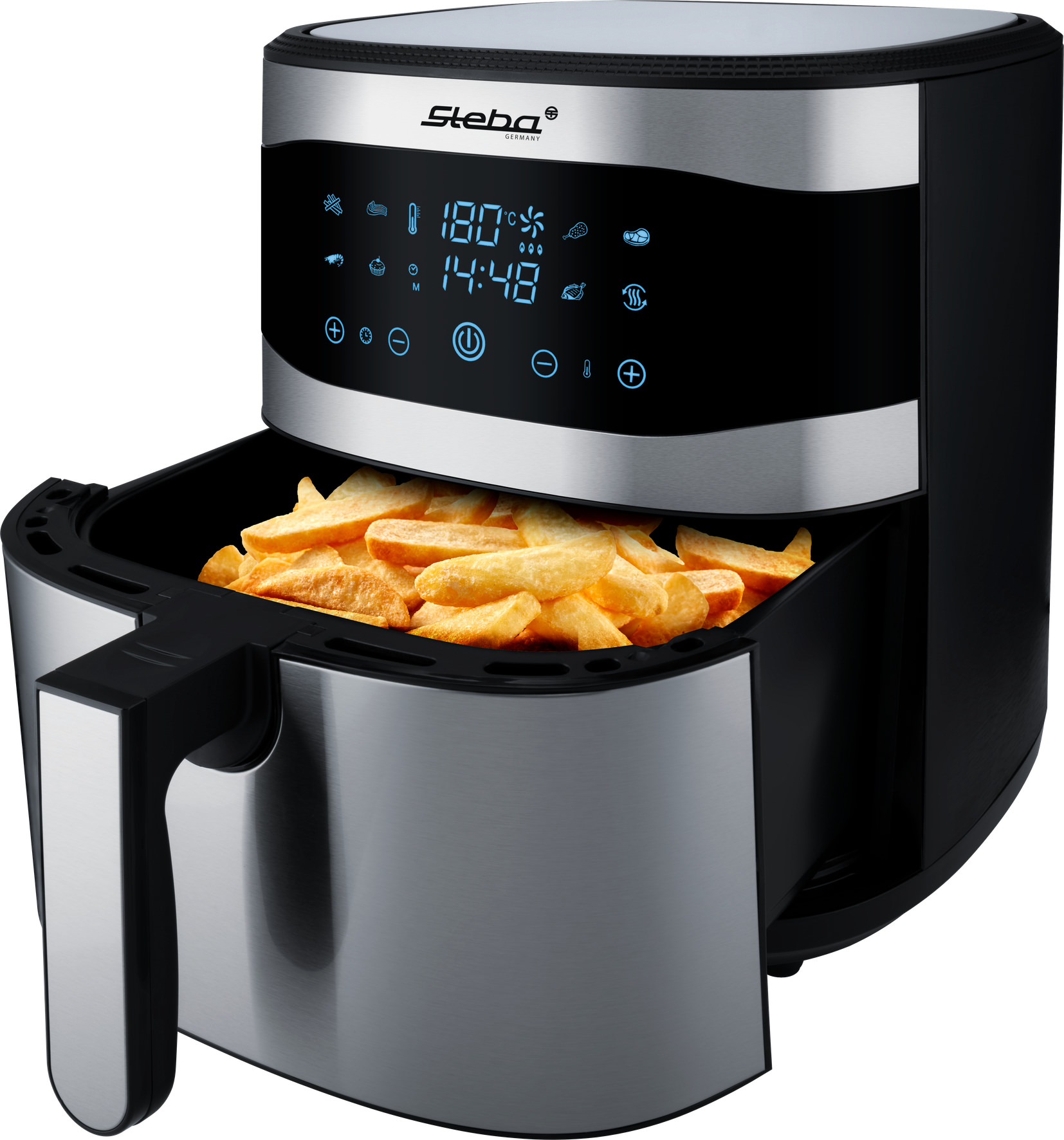 Airfryer met friet, zwart en zilver, digitaal display.