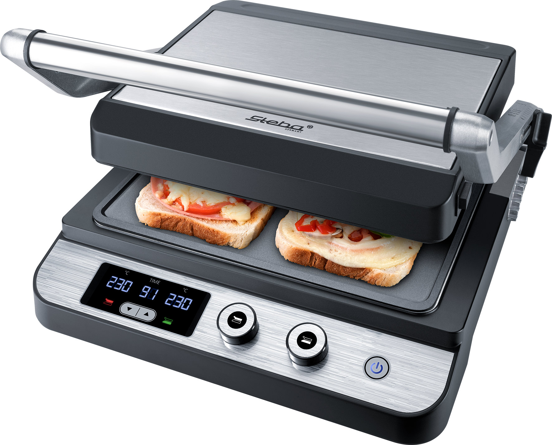 Pressa per panini aperta con due panini. Il display digitale mostra la temperatura. Argento e nero.