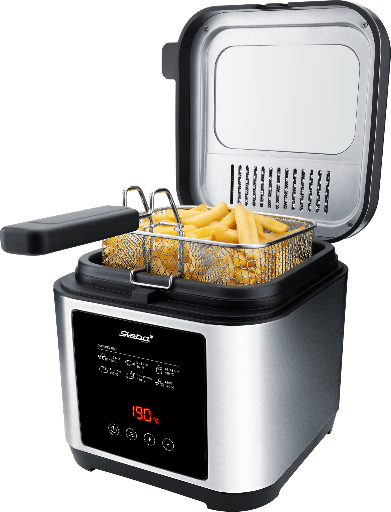 Une friteuse en acier inoxydable avec un panier de frites, couvercle ouvert et affichage numérique.