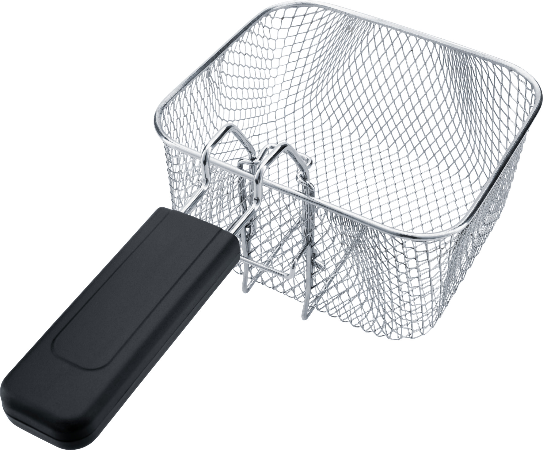 Un panier de friteuse en acier inoxydable avec une poignée noire. Le maillage est fin, solide.
