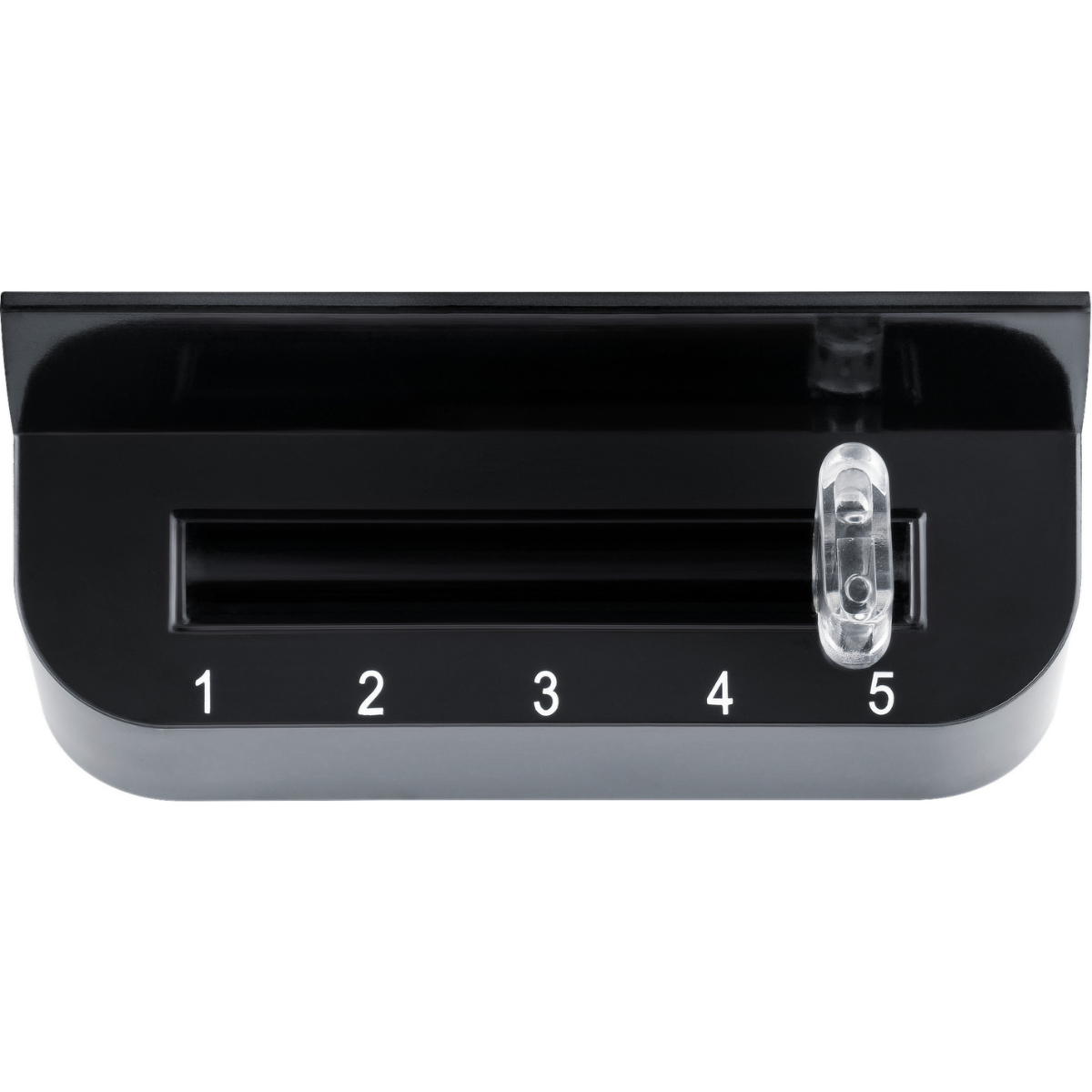 Un interruttore dimmer nero con i numeri 1-5 e un cursore trasparente. Ha una finitura lucida.