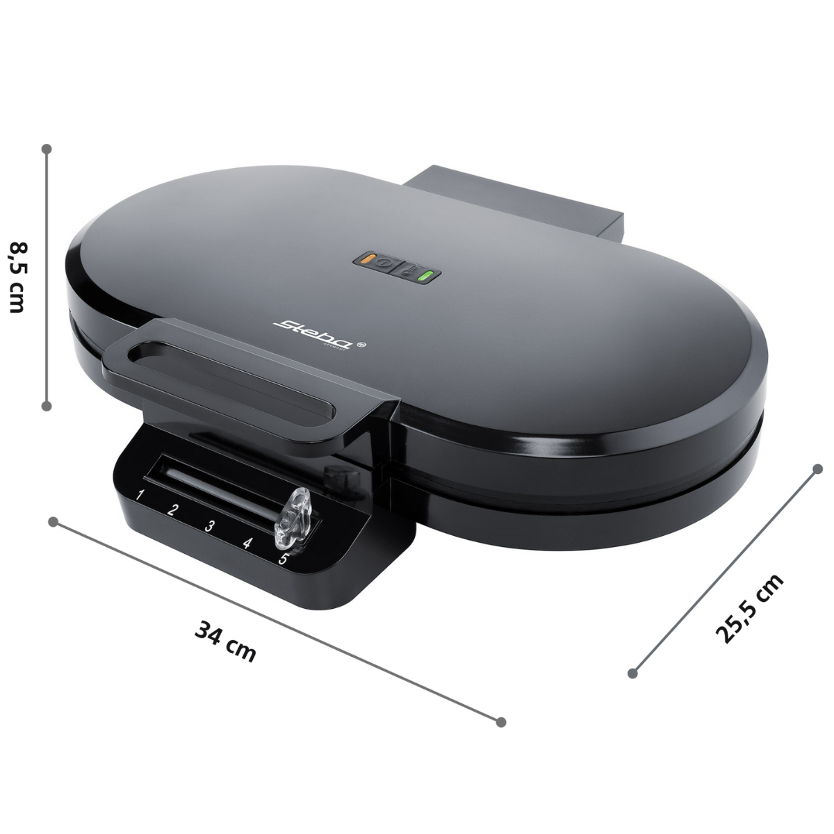 Macchina per waffle nera con dimensioni etichettate. Caratteristiche: quadrante e spie.