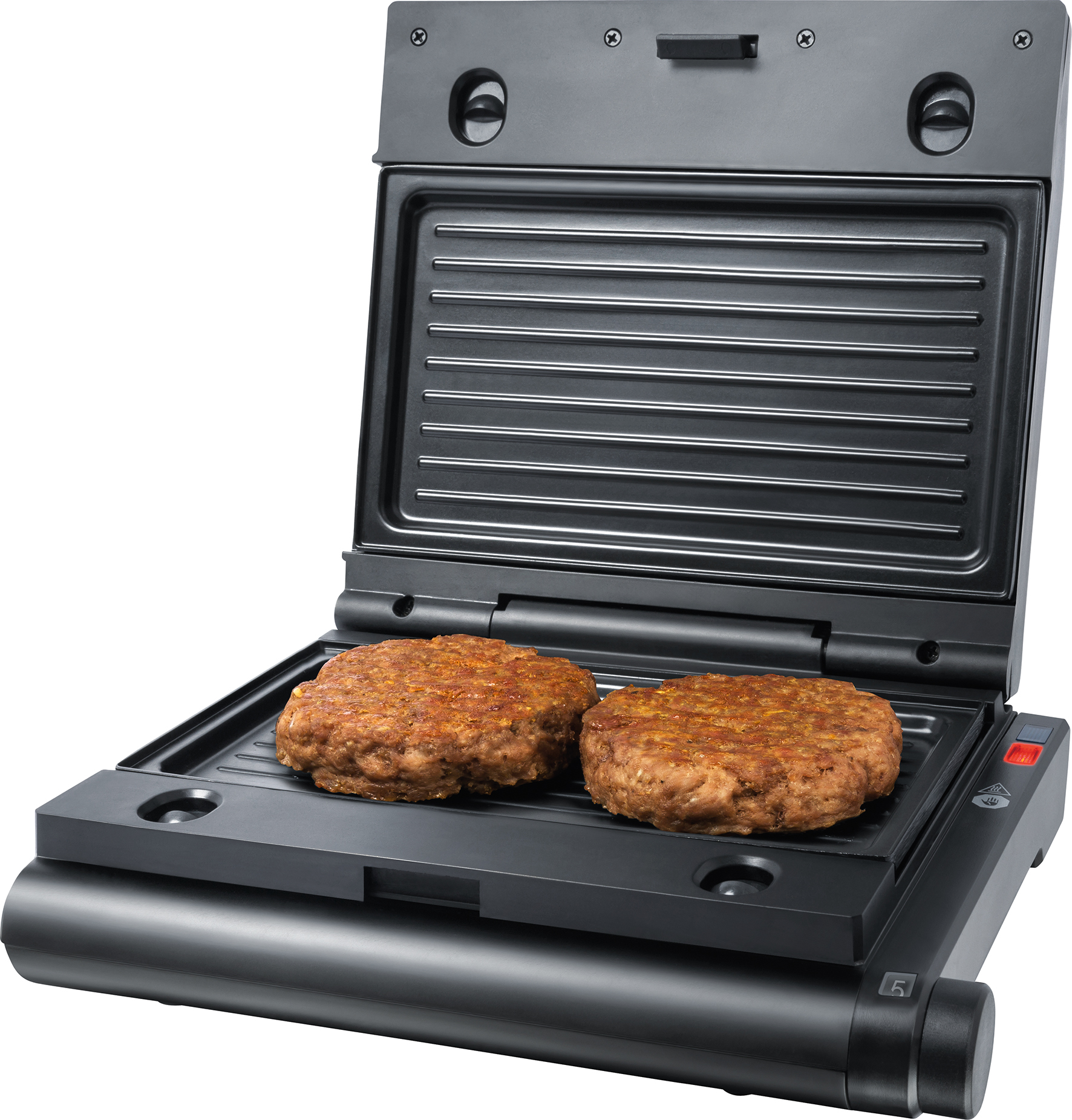 Schwarzer Grill mit zwei gebratenen Hamburger-Patties. Der Grill ist offen und steht auf einer Oberfläche.