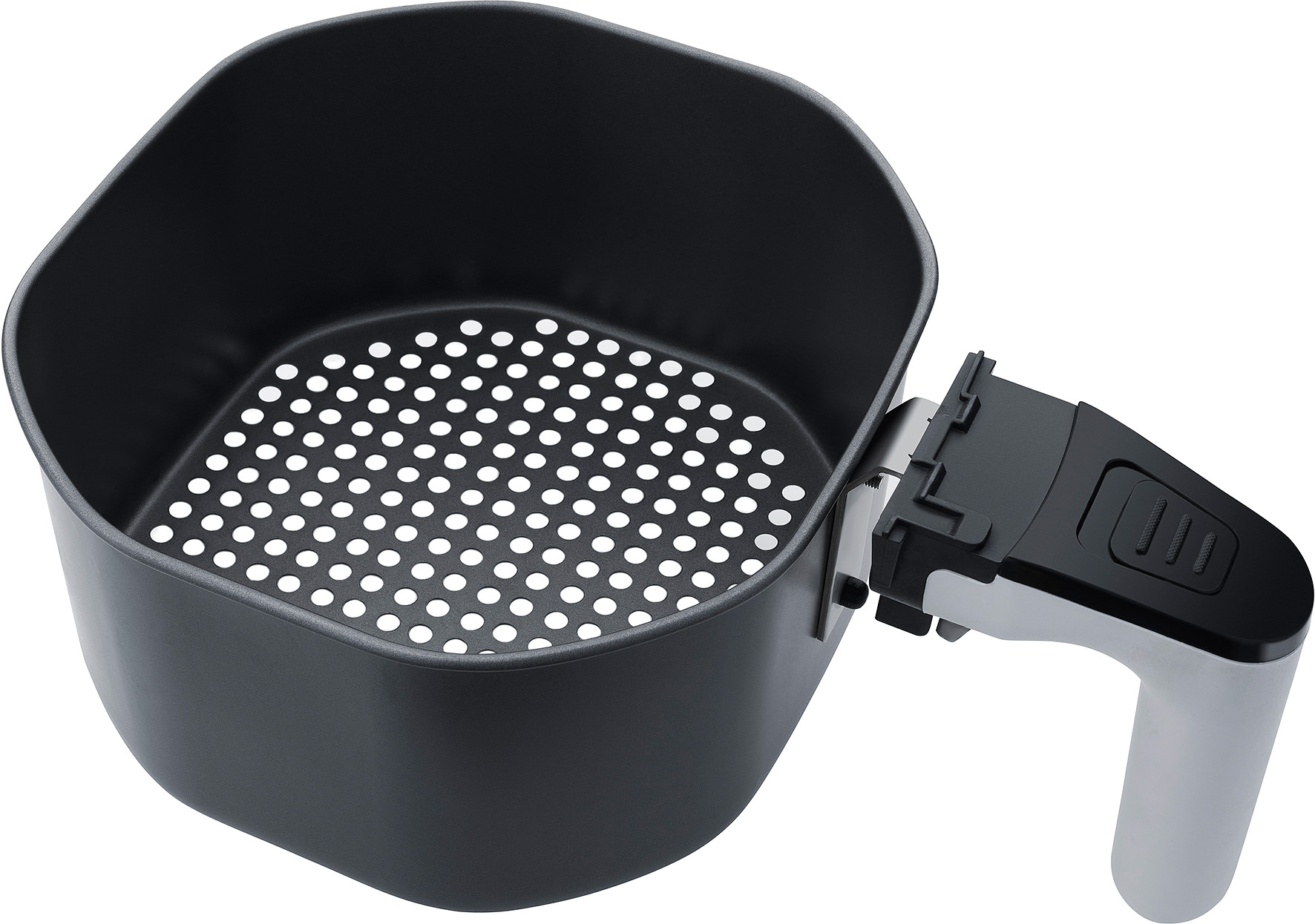 Cestello per friggitrice ad aria nero con fori. Ha un manico laterale ed è isolato.