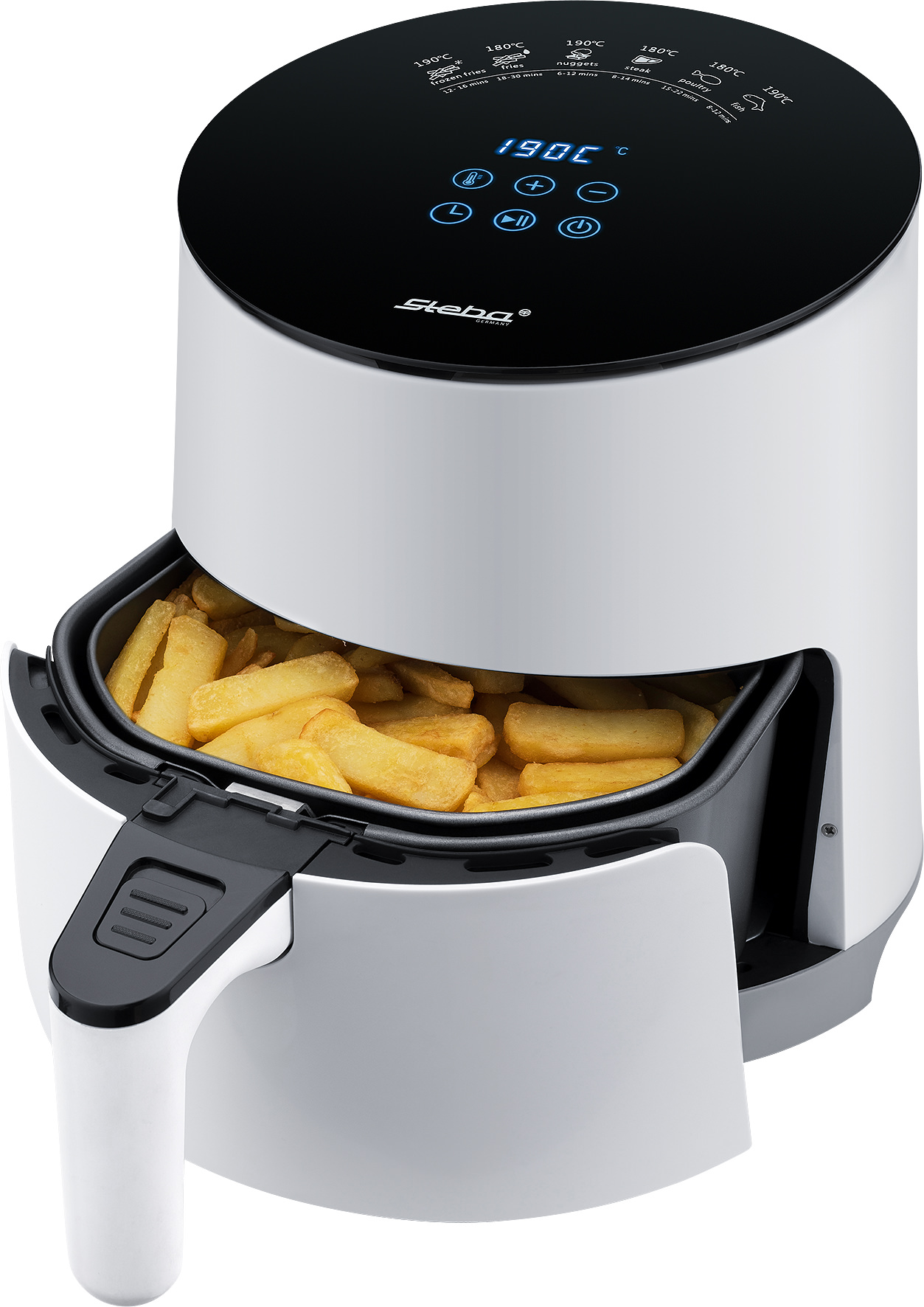 Una friggitrice ad aria bianca con patatine fritte all'interno e il display che mostra 190°C.
