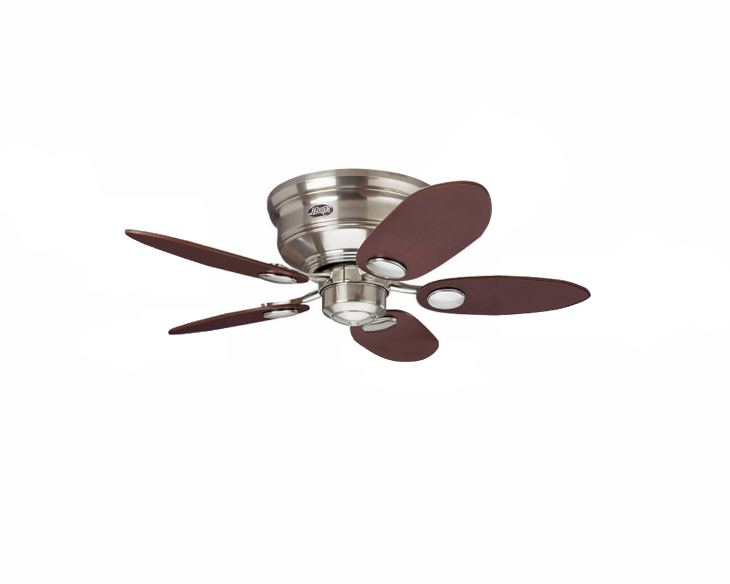 Deckenventilator mit braunen Flügeln und silbernem Motor.