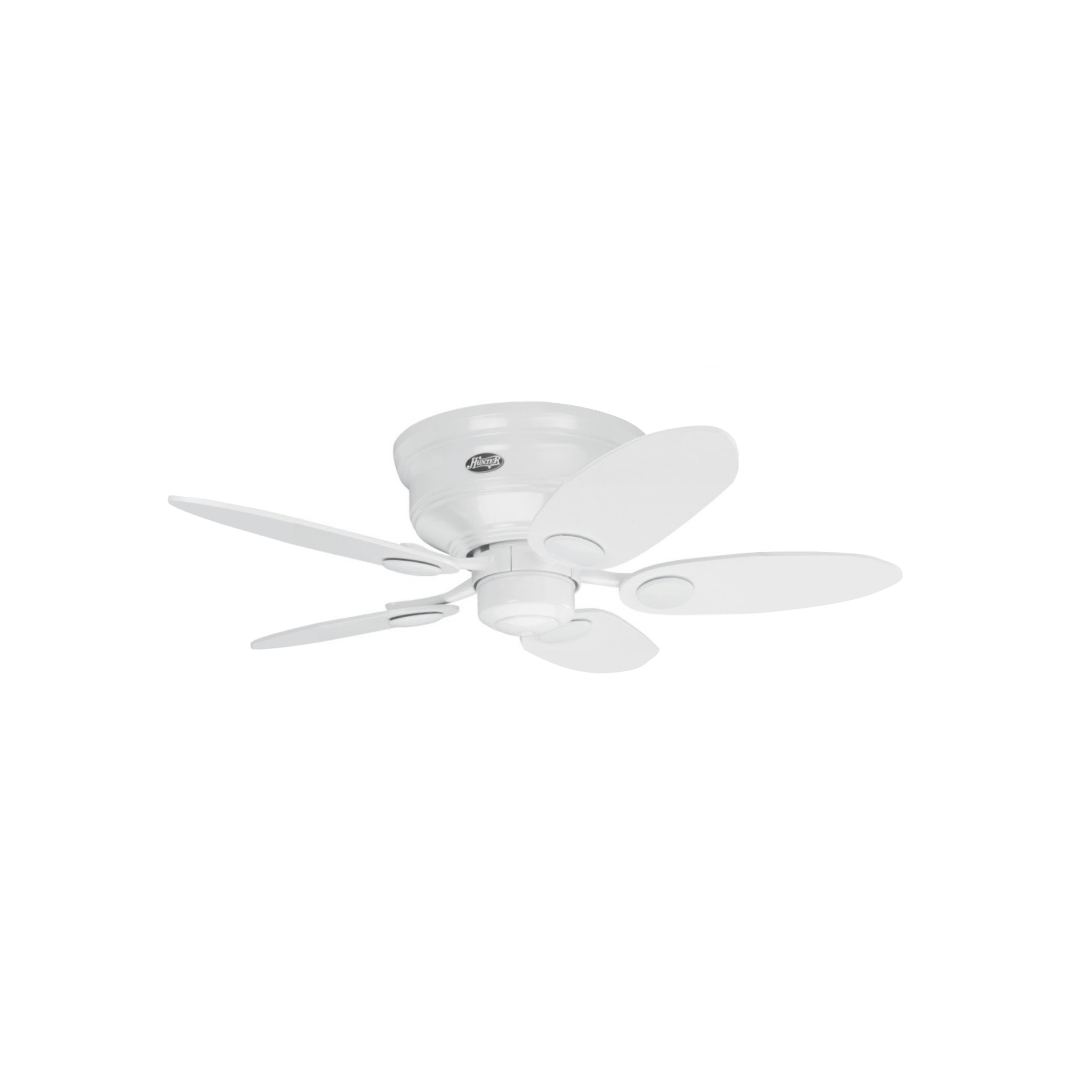 Weißer Deckenventilator mit fünf Blättern, auf weißem Hintergrund, von unten gesehen.