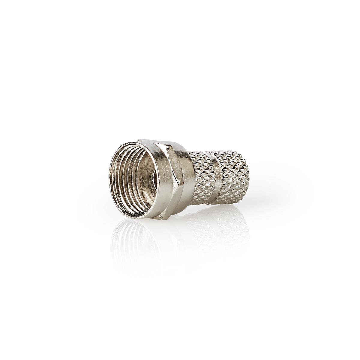 Zilveren coaxiale connector. De connector staat op een witte achtergrond.