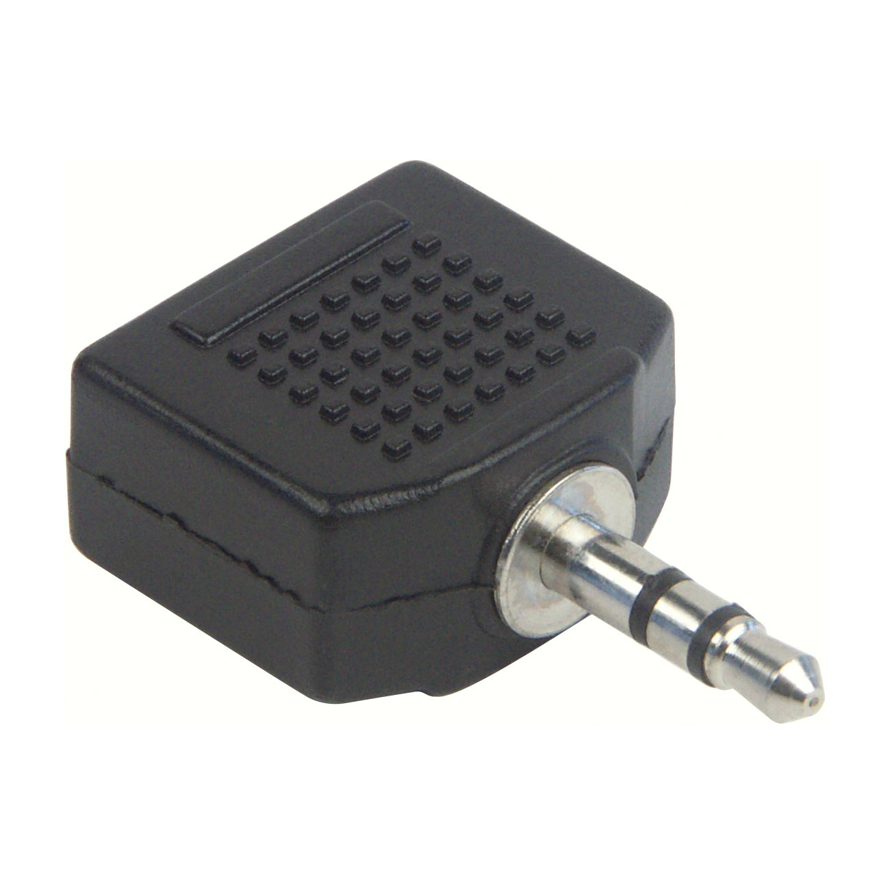 Ein schwarzer Audioadapter mit 3,5-mm-Klinke.