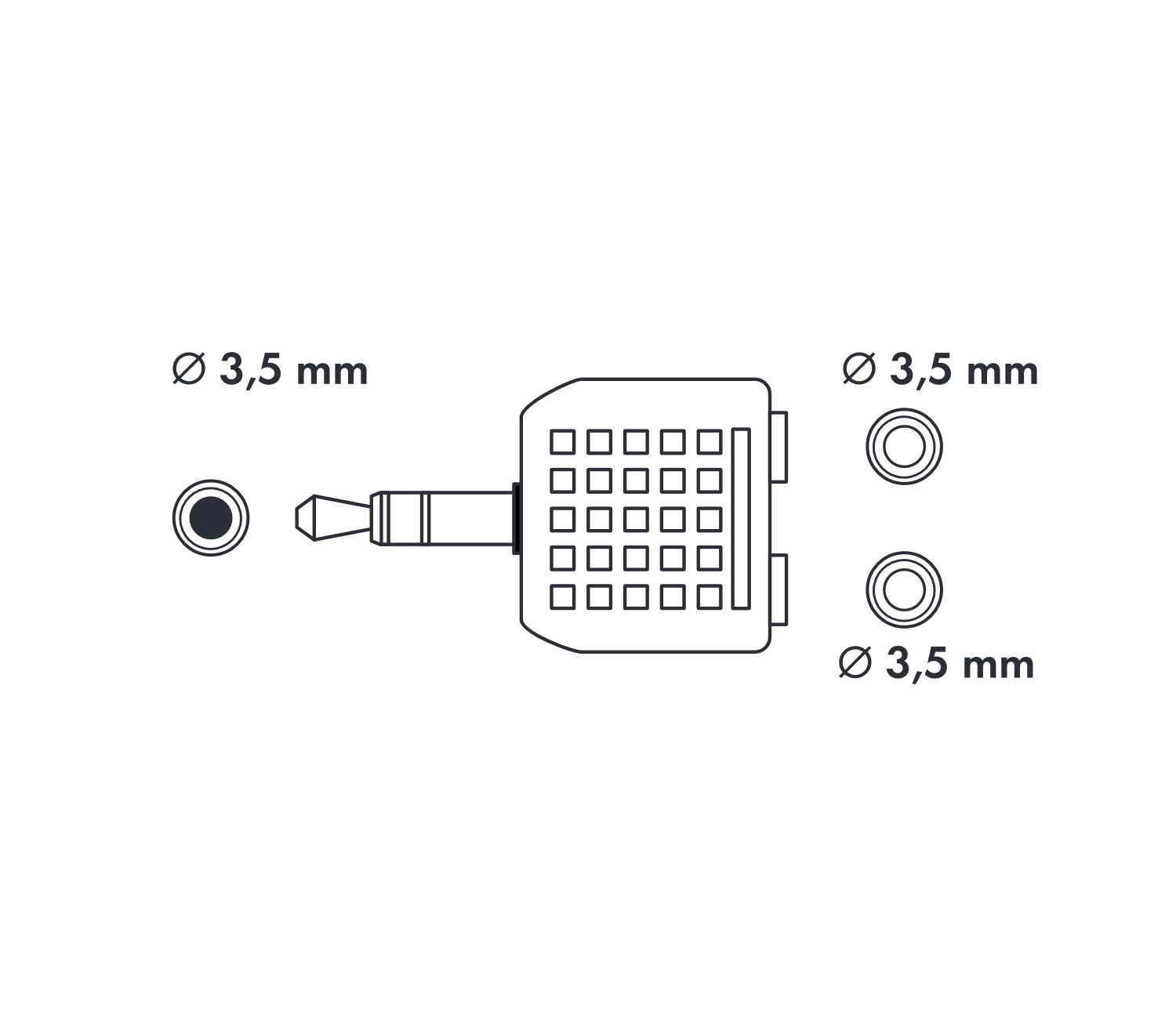 Ein 3,5-mm-Audio-Splitter mit einem Stecker und zwei Buchsen.