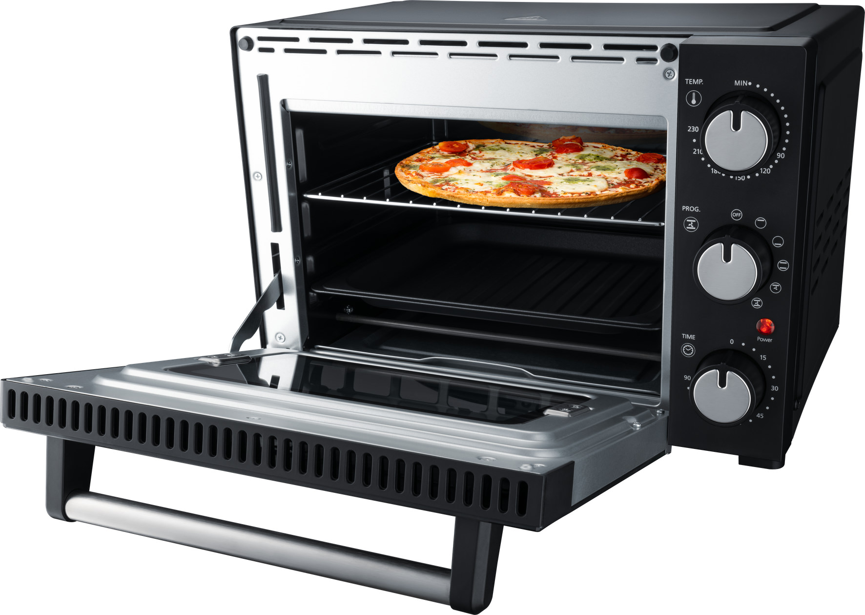 Un forno nero con una pizza dentro e la porta aperta.