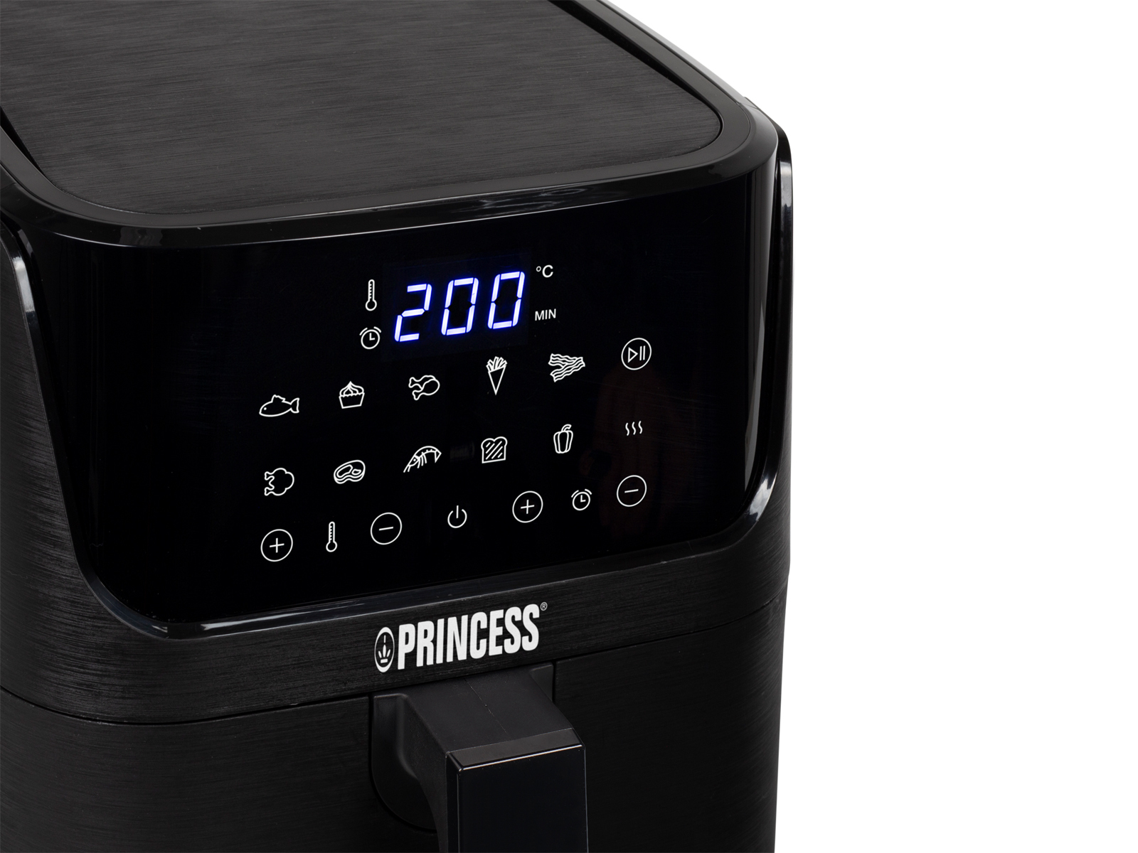 Primer plano del panel de control de la freidora de aire negra que muestra 200°C, iconos y la marca Princess.