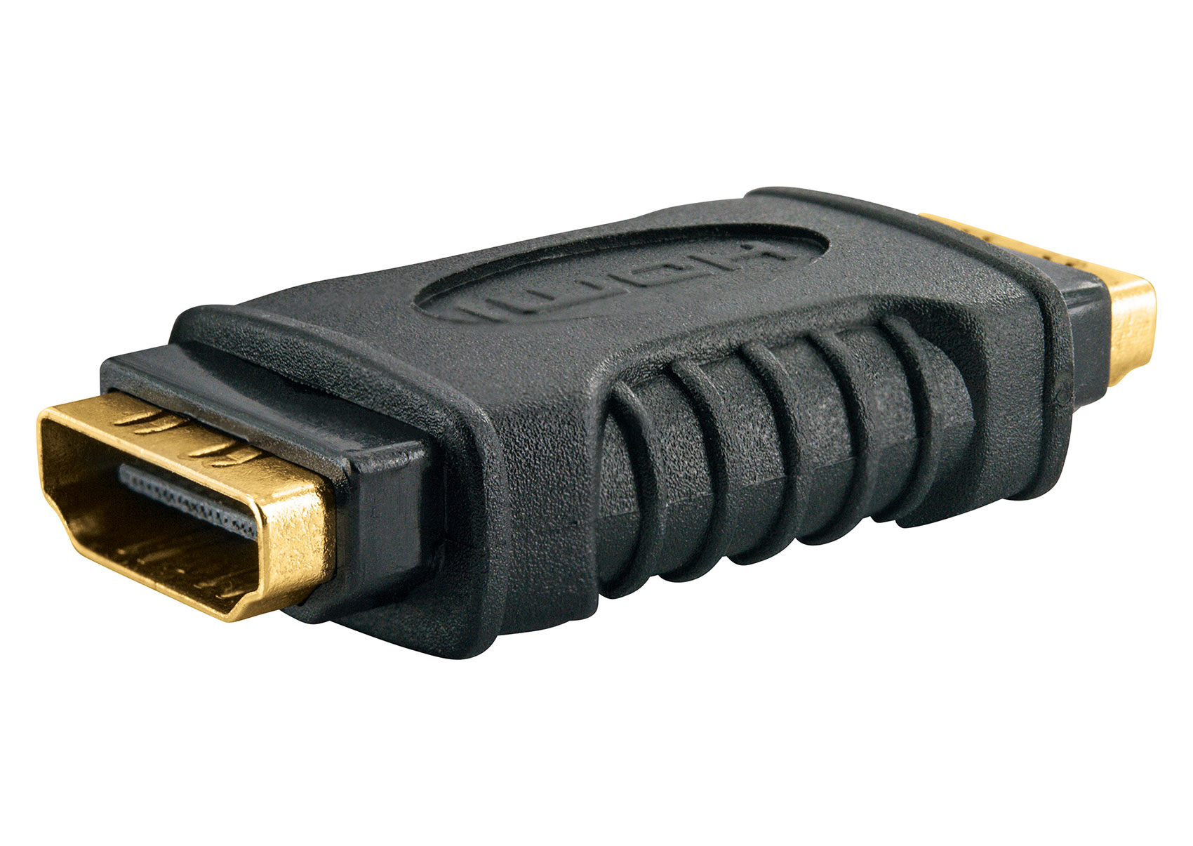 Schwarzer HDMI-Adapter mit Goldanschlüssen auf weißem Hintergrund.