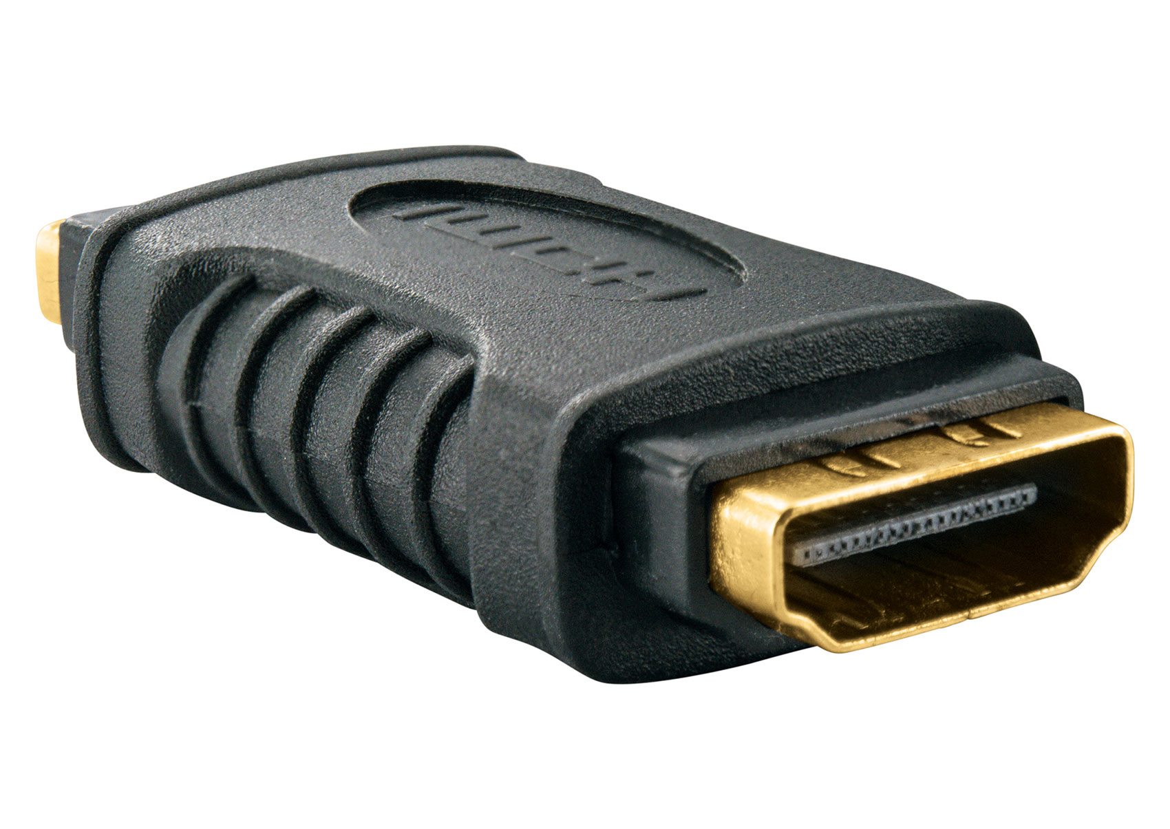 Schwarzer HDMI-Adapter mit Goldanschlüssen. Es ist ein Stecker-zu-Stecker-Adapter.