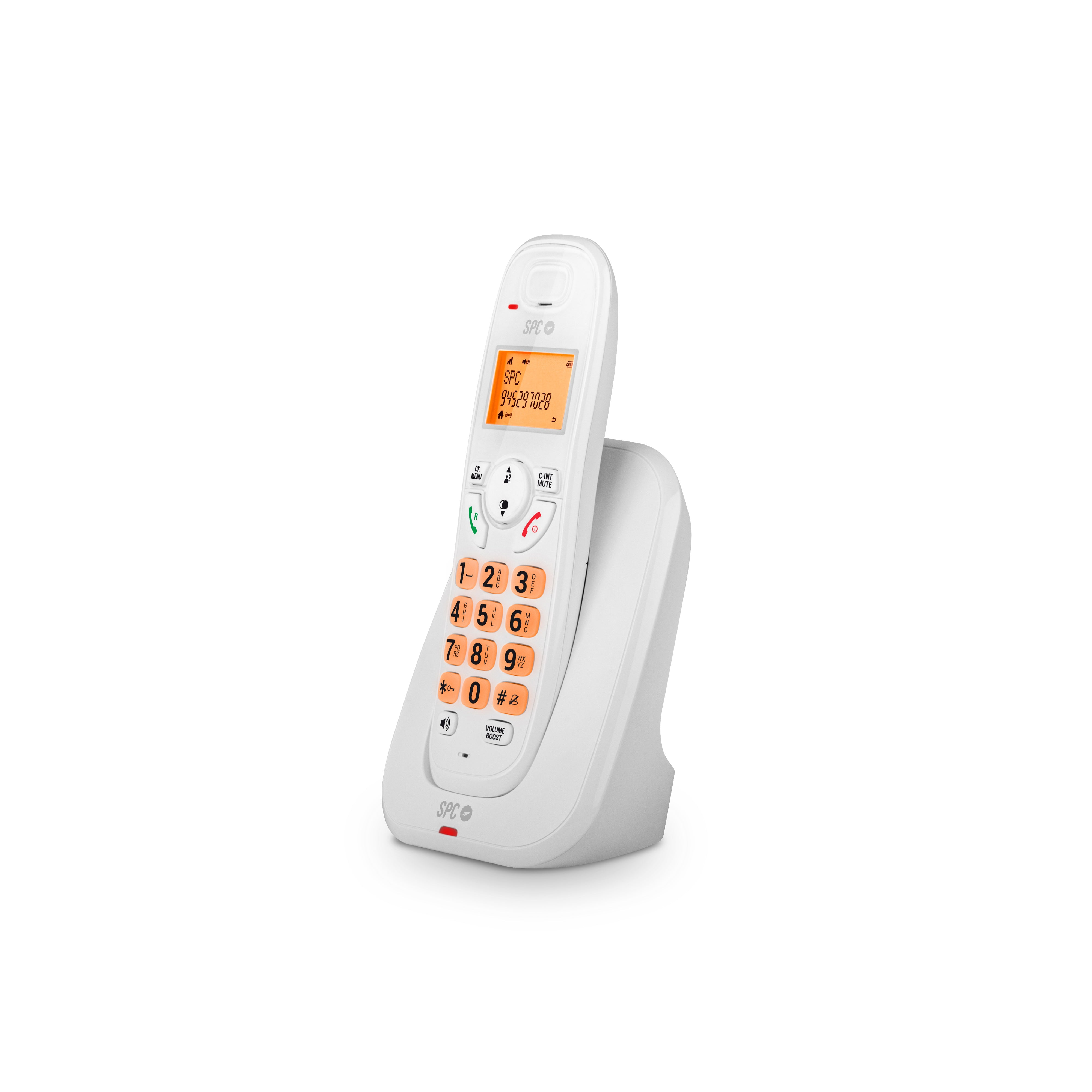 Un teléfono inalámbrico blanco y su base. El teléfono muestra una pantalla y el teclado.