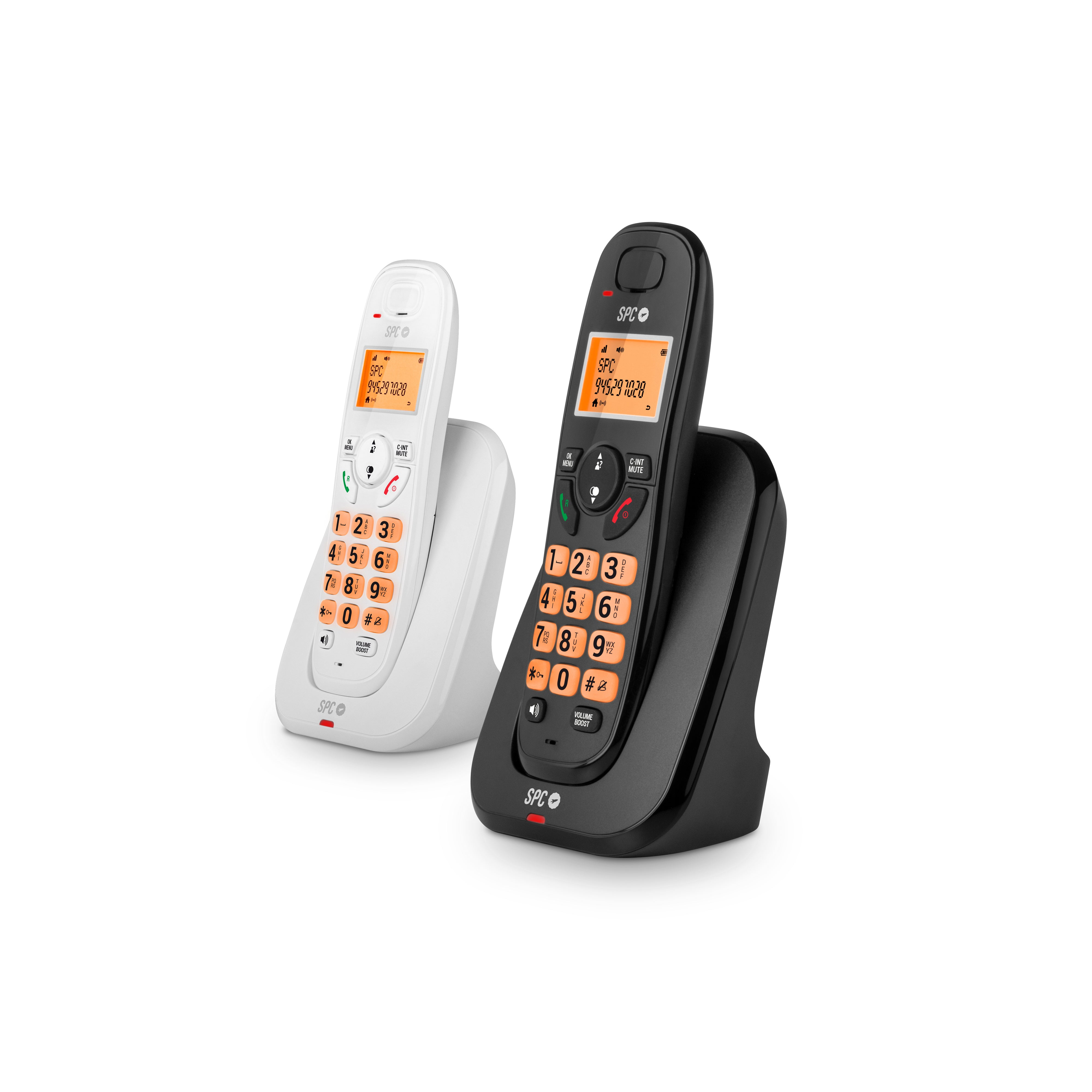 Dos teléfonos inalámbricos, uno blanco y otro negro, sobre un fondo blanco. Cada uno está en su base.