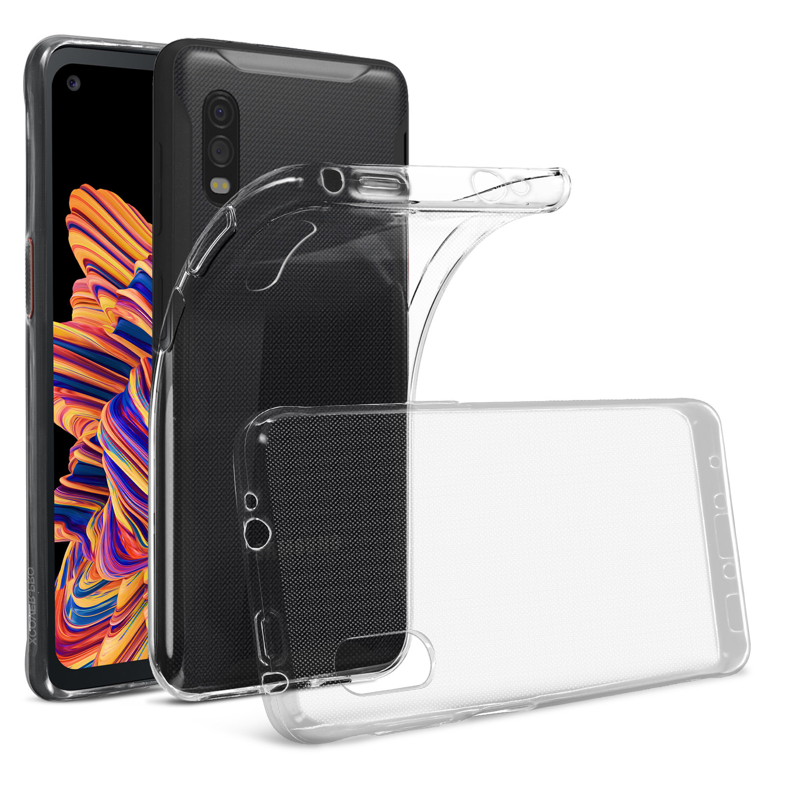 Drei Handyhüllen, eine hält ein Telefon. Hülle ist klar mit schwarzer Rückseite.