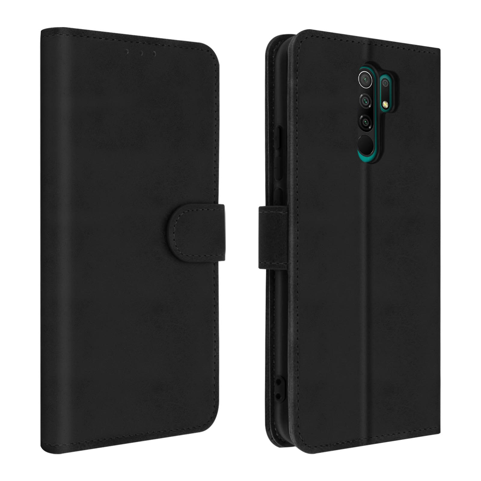 Una custodia nera per telefono con chiusura magnetica. La parte anteriore è chiusa, l'interno contiene il telefono.