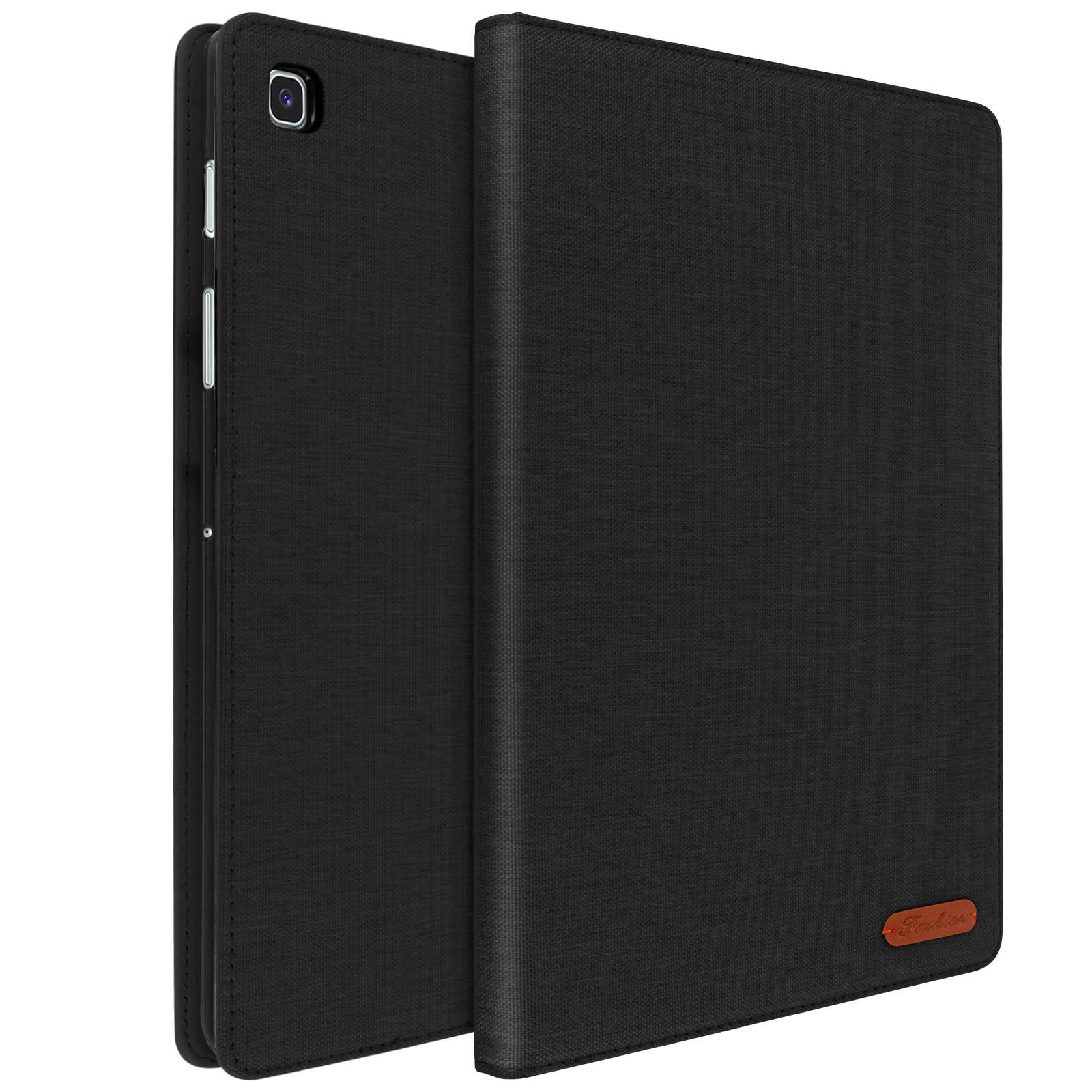 Custodia per tablet nera con tablet che mostra uno schermo.