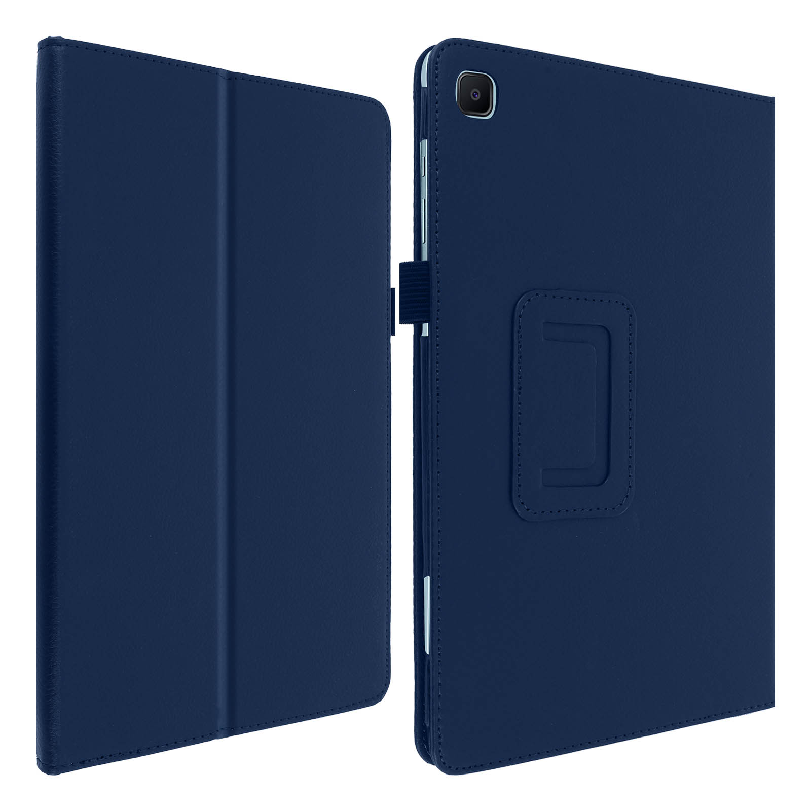 Due custodie per tablet blu navy. Una aperta, una chiusa. Entrambe hanno una texture in pelle.