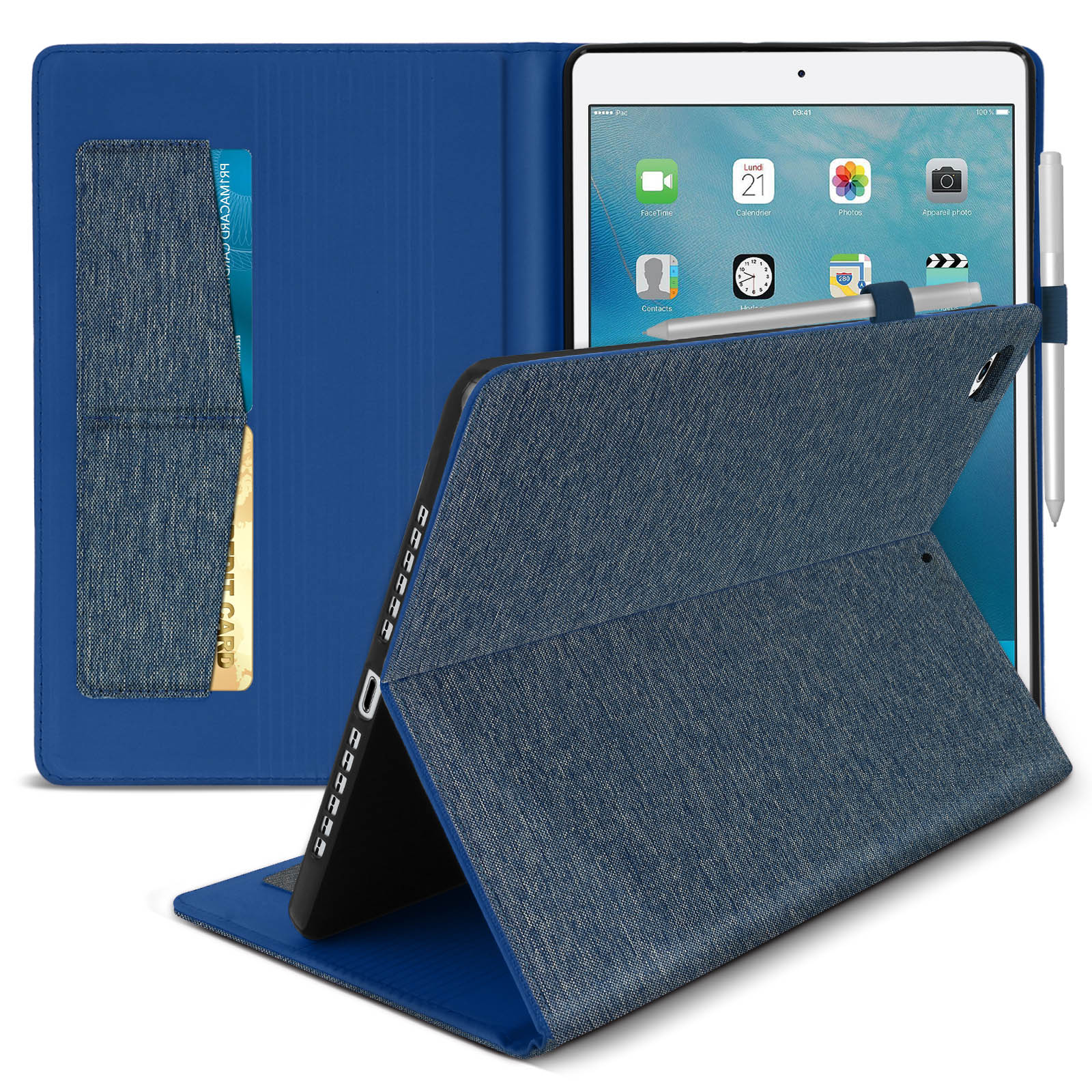 Custodia blu per tablet con trama in tessuto blu, slot per schede e stilo.